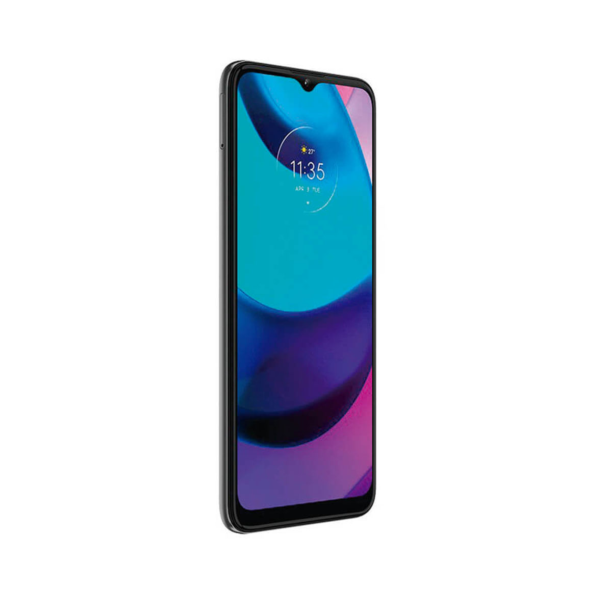 Smartfon z czarną ramką wyświetla ekran z abstrakcyjnym obrazem w kolorze niebieskim i fioletowym. Godzina to 11:35.