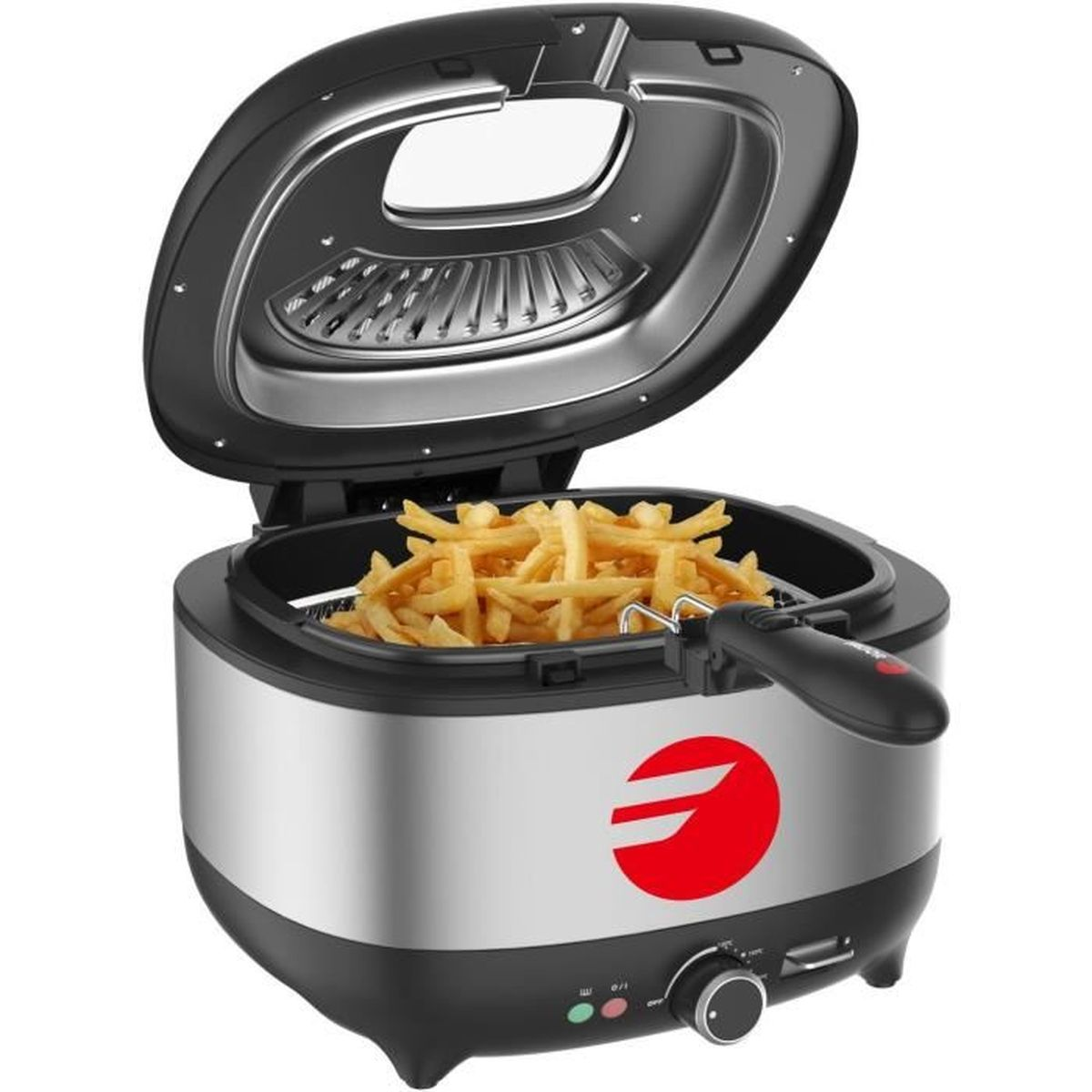 Una friggitrice con patatine fritte dorate all'interno. La friggitrice è argentata e nera, con un logo rosso. Il coperchio è aperto.
