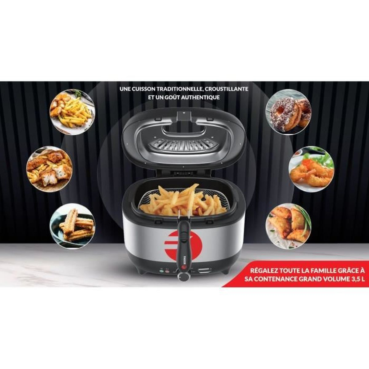 Una friggitrice con patatine fritte all'interno e vari cibi fritti intorno. Testo: cucina tradizionale, croccante e gusto autentico.