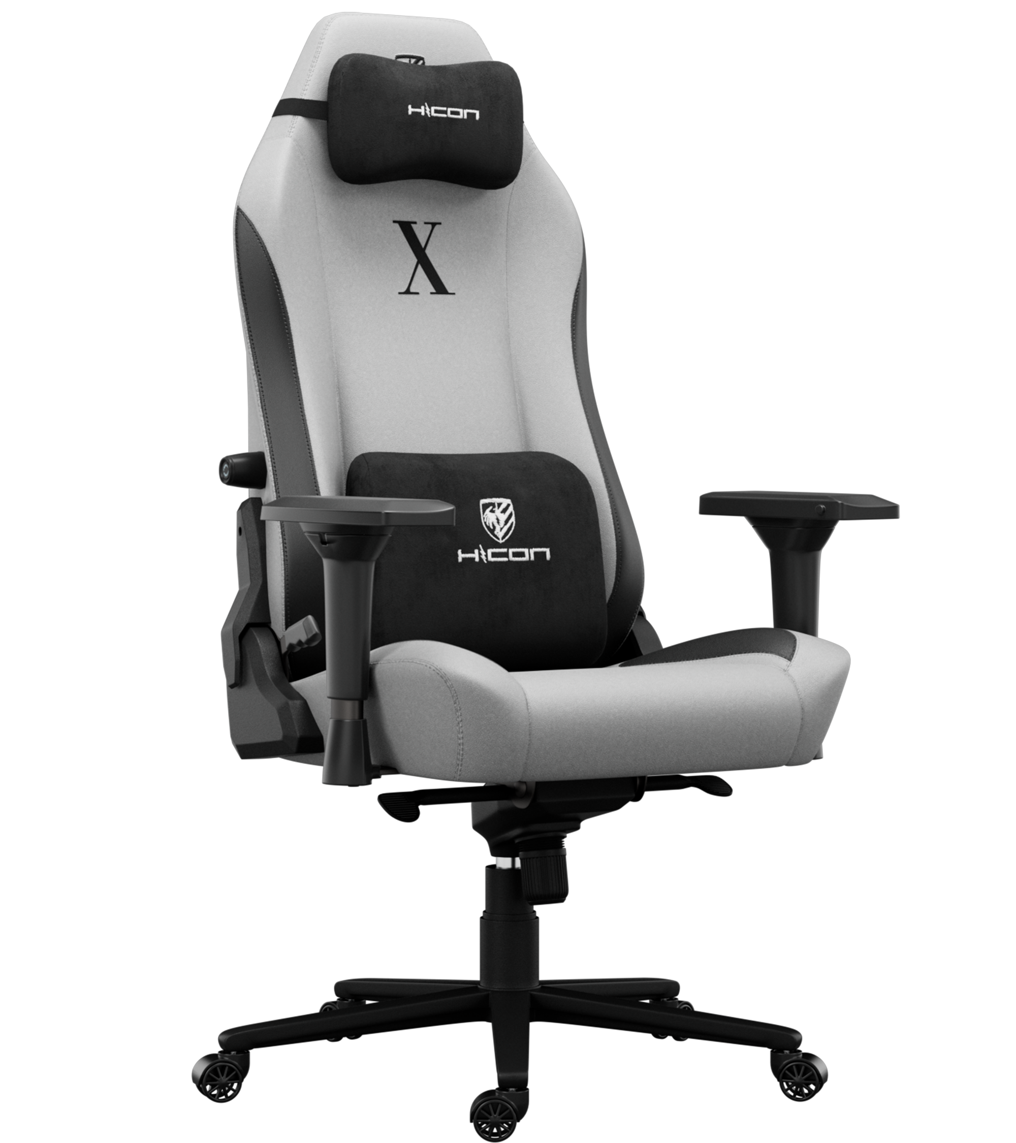 Chaise de jeu avec une combinaison de couleurs noire et grise, comprenant un appui-tête, un support lombaire, des accoudoirs et une base à cinq étoiles.