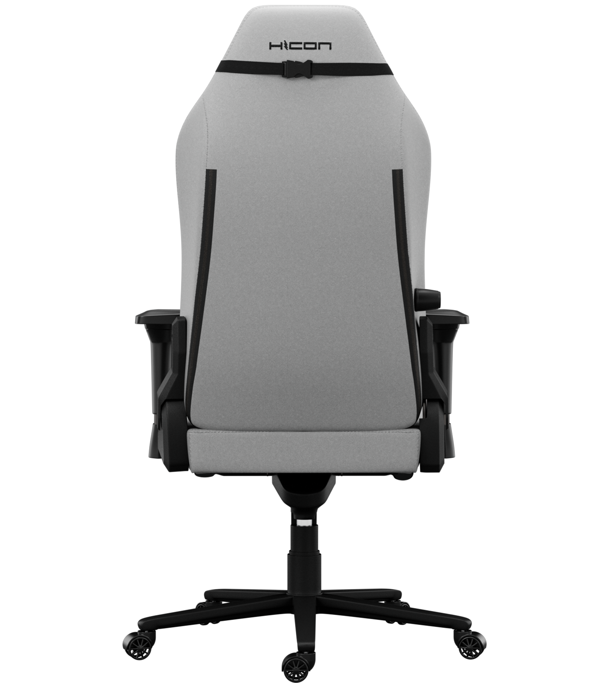 Une chaise de jeu grise et noire est montrée de dos. La chaise a un appui-tête avec le logo HICON.