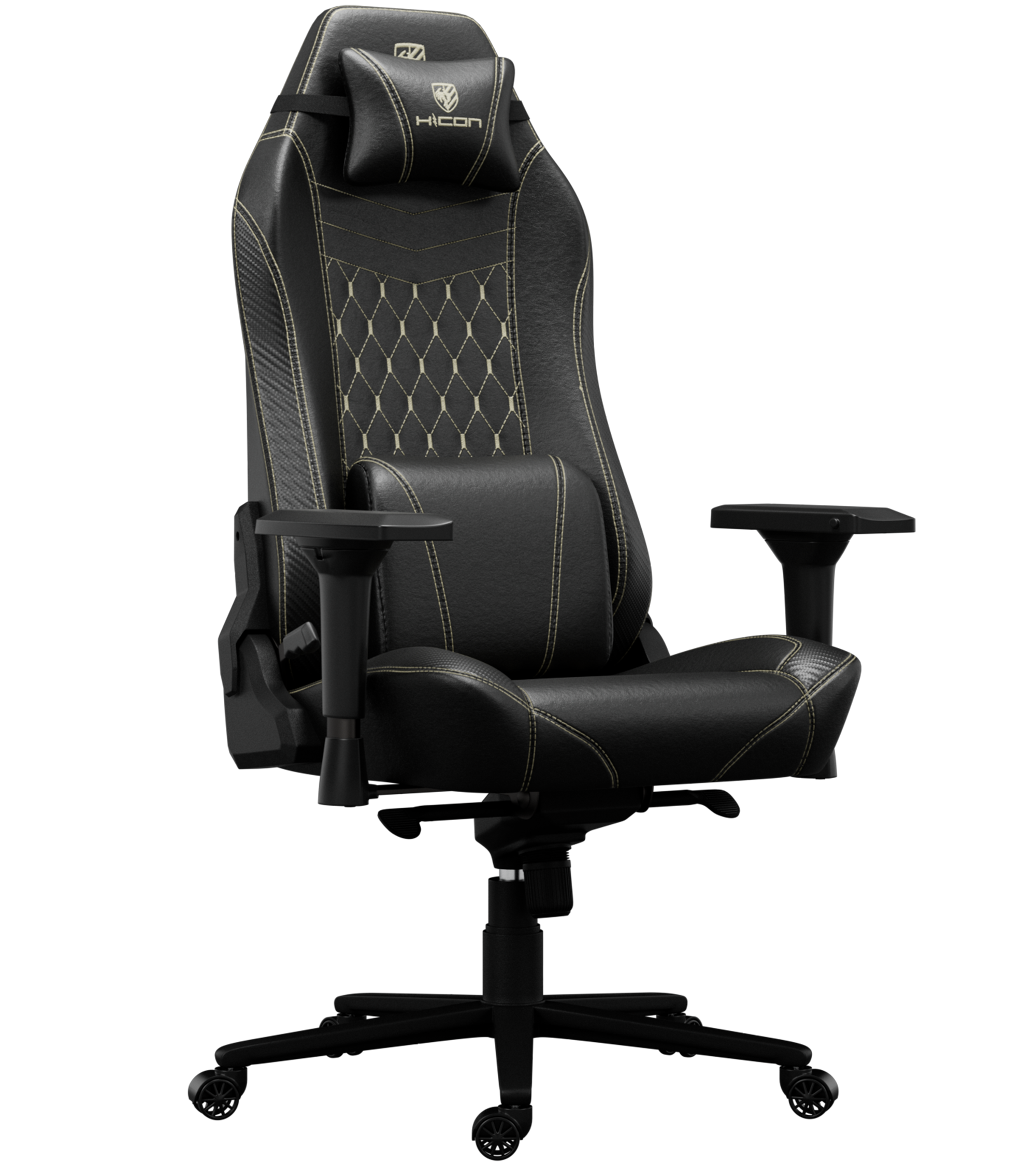 Une chaise gaming noire et dorée. Elle a un appui-tête et un support lombaire. La chaise a des roulettes.