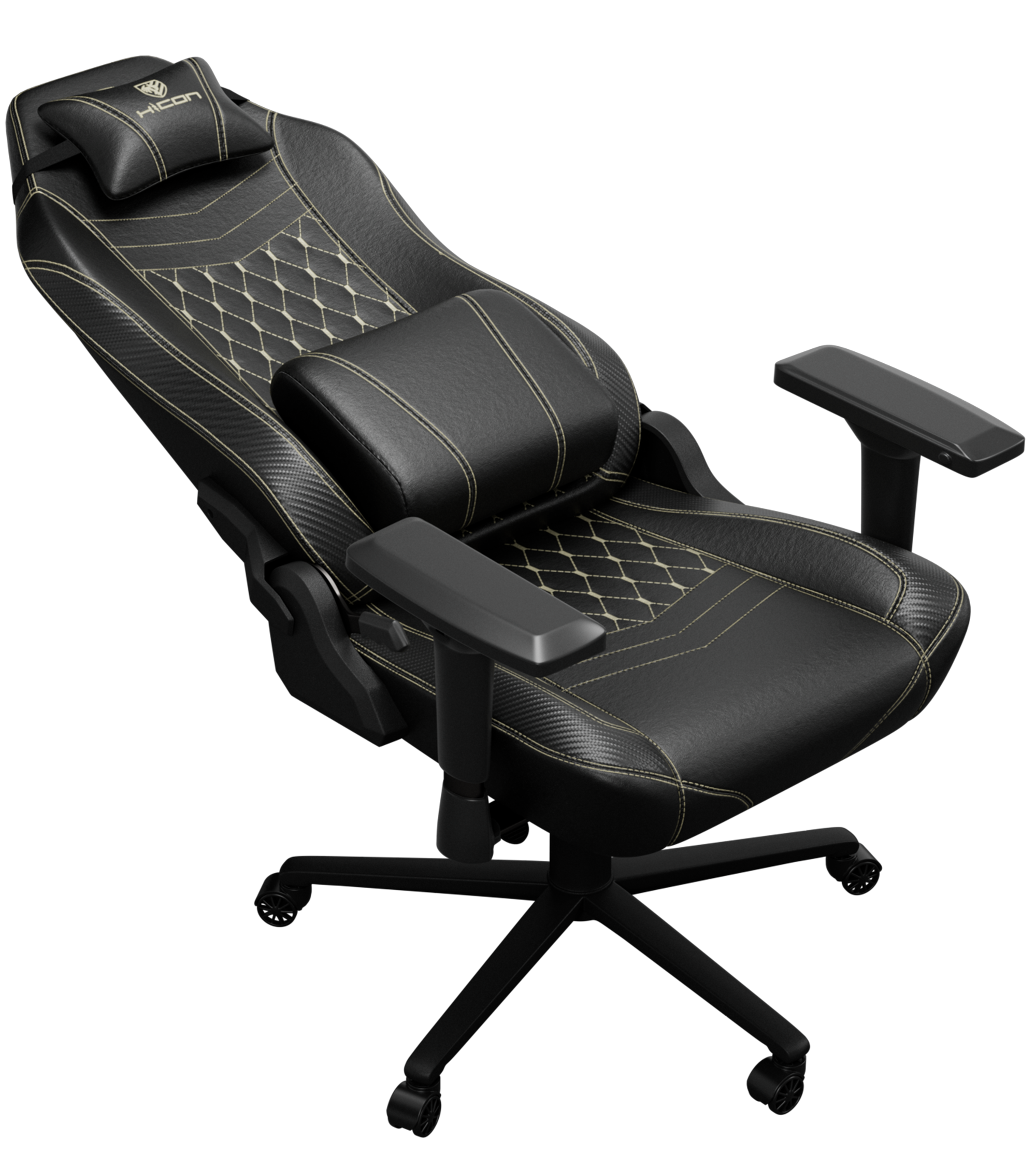 Chaise de jeu noire avec surpiqûres jaunes. Comprend un appui-tête, un support lombaire, des accoudoirs et une base à cinq étoiles avec roulettes.