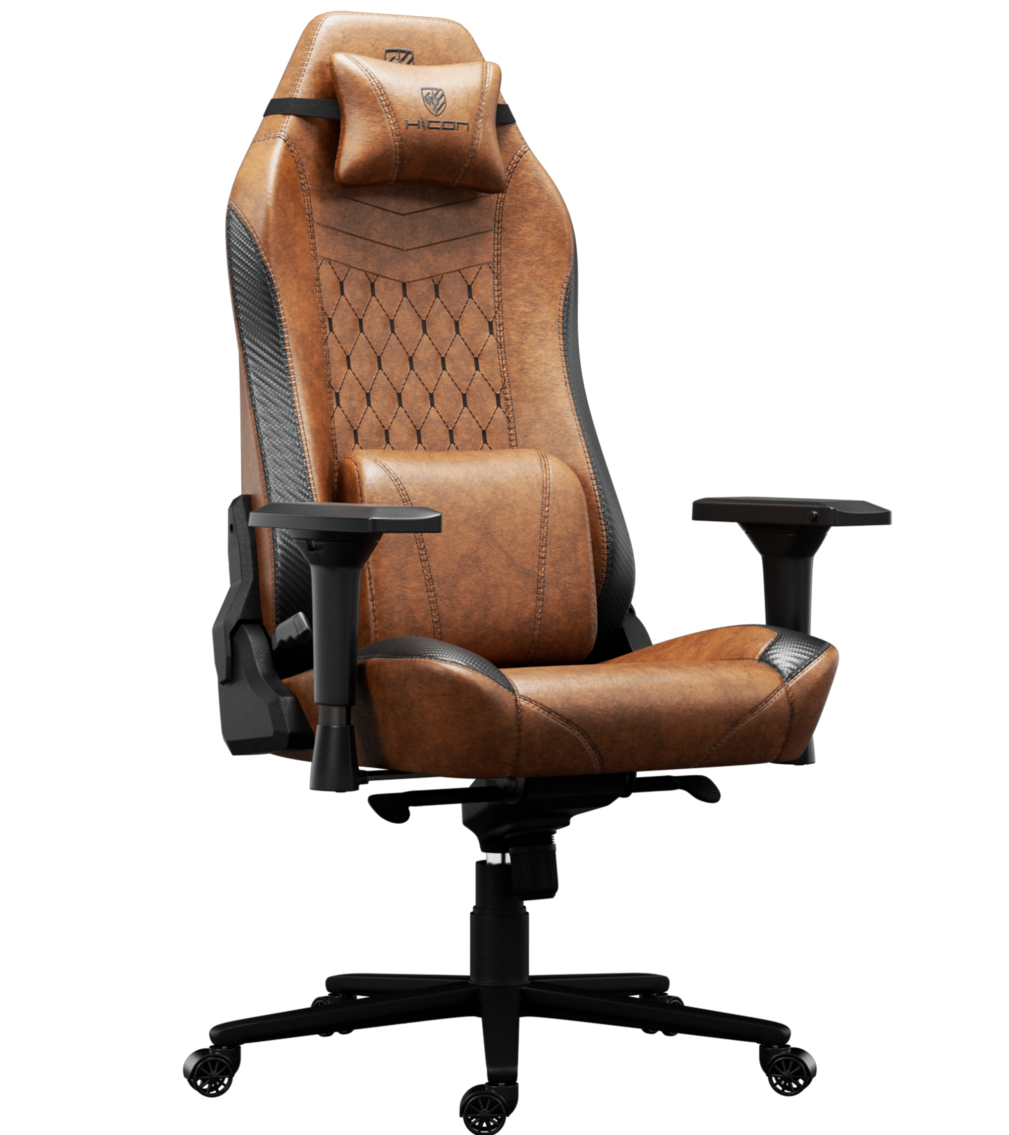 Chaise gaming en cuir marron avec détails noirs. Avec appui-tête, support lombaire et accoudoirs. Base noire avec roulettes.