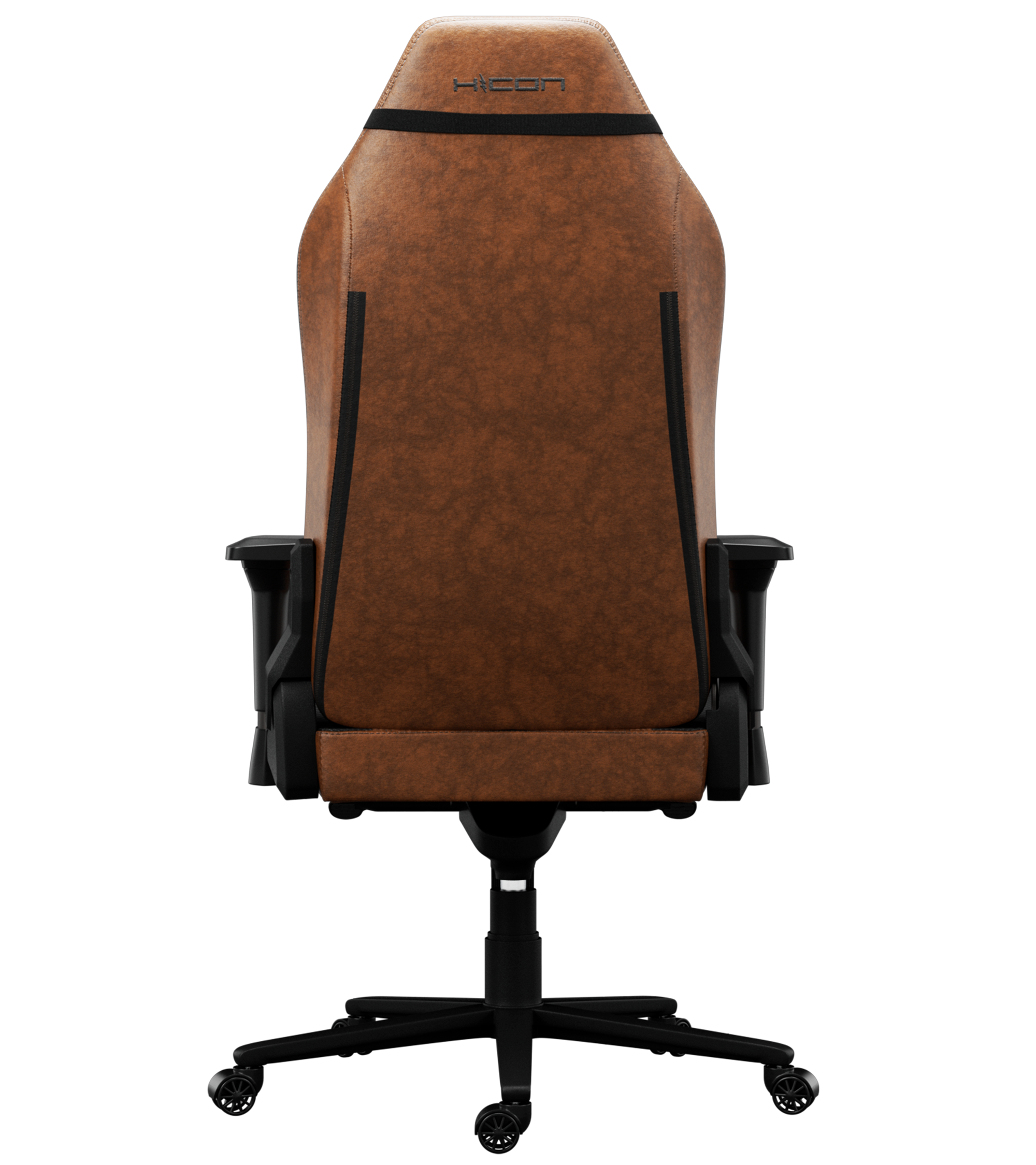 Chaise de jeu en cuir marron. Détails noirs, base et accoudoirs. La marque est en haut.