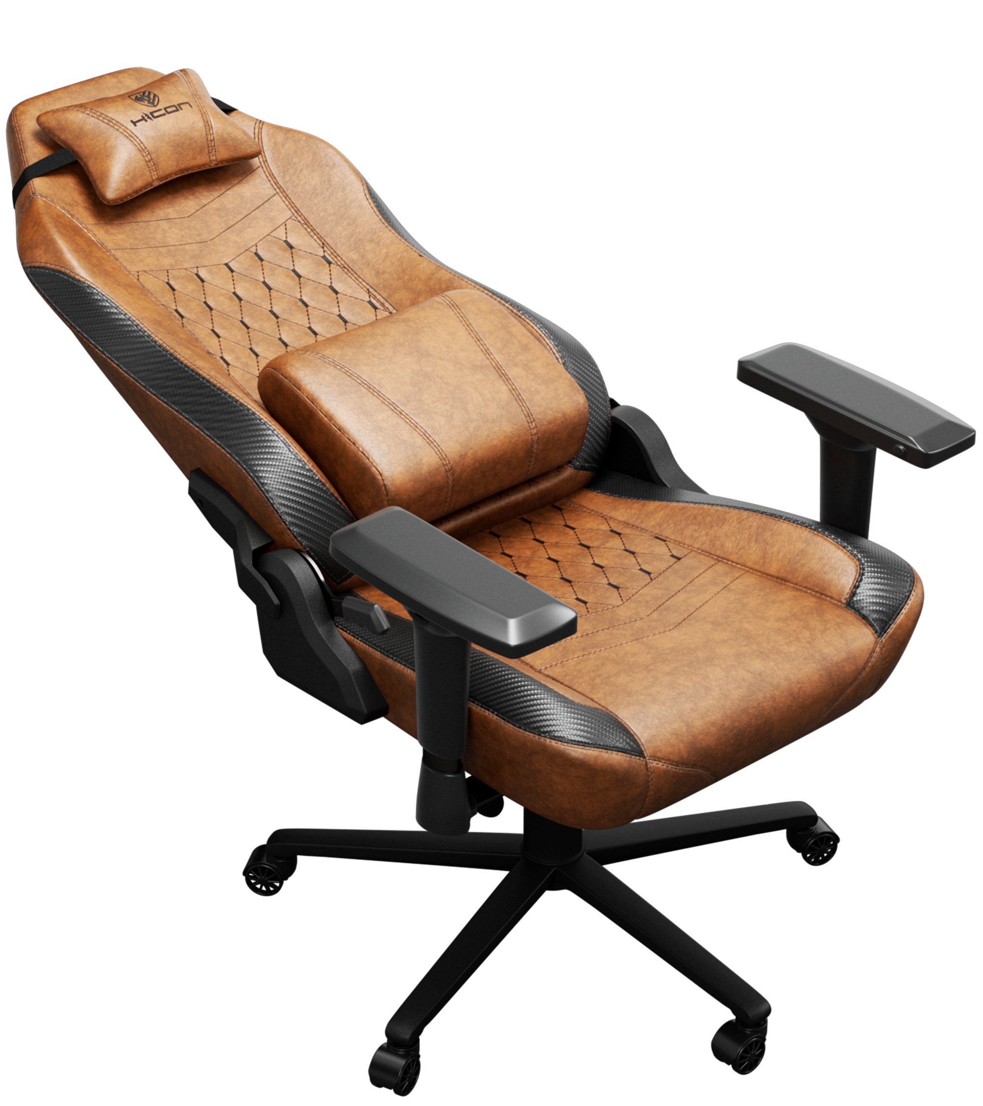 Chaise de jeu marron et noire. Elle a un appui-tête, un support lombaire, des accoudoirs et un piètement à cinq étoiles avec roues.