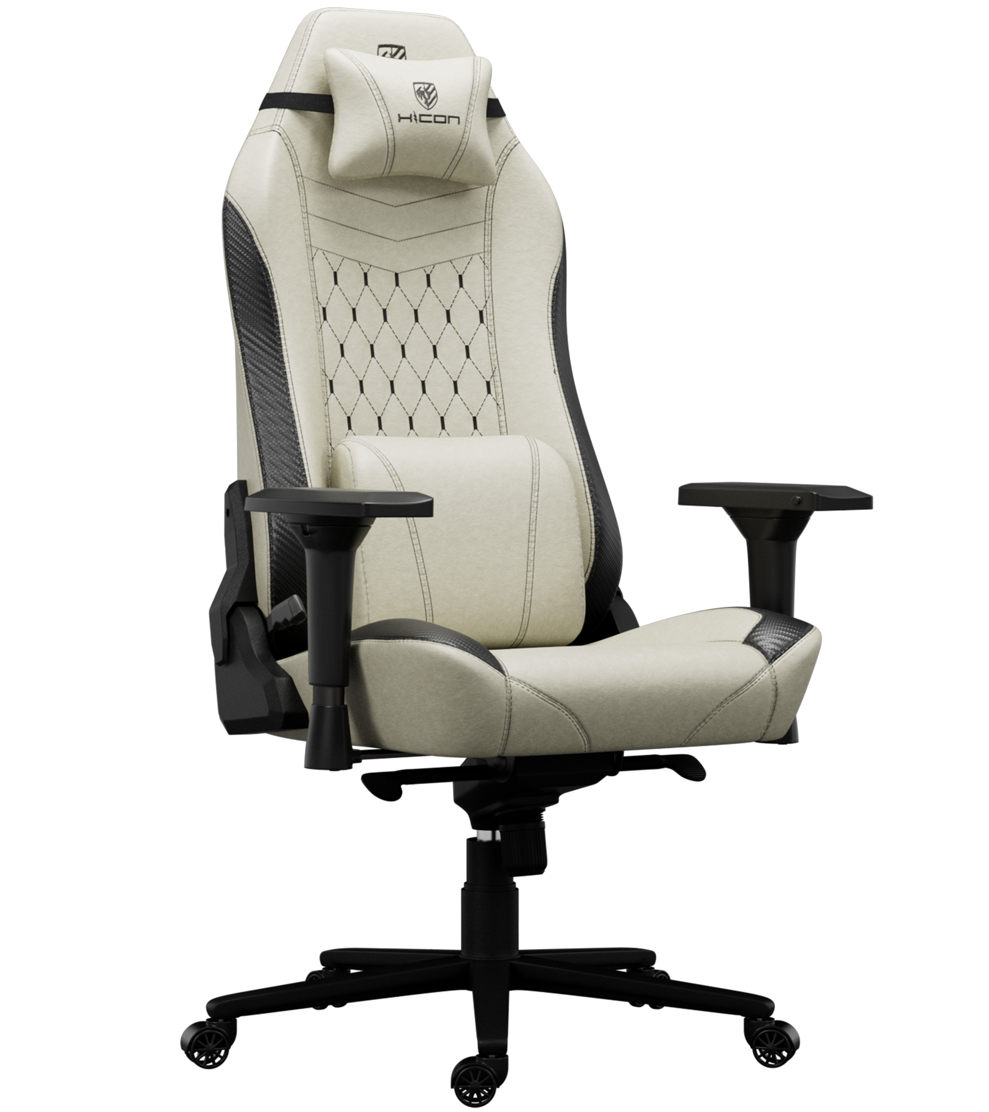 Chaise gaming. Couleurs crème et noir. Comprend un appui-tête, un support lombaire, des accoudoirs et une base à cinq roues.