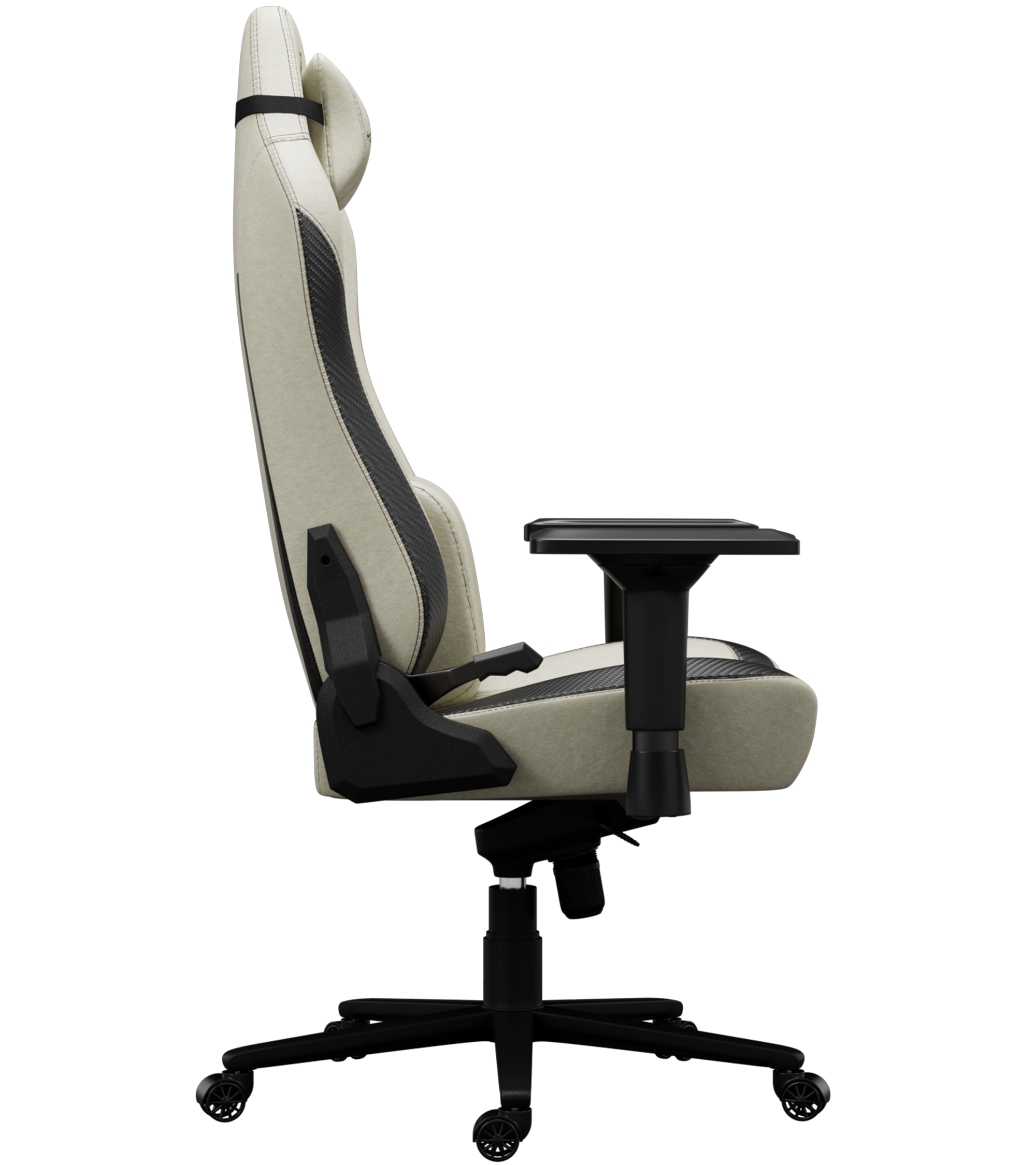 Chaise gaming. Beige avec accents noirs. Base noire avec roues. Vue de côté. Appui-tête et accoudoirs visibles.
