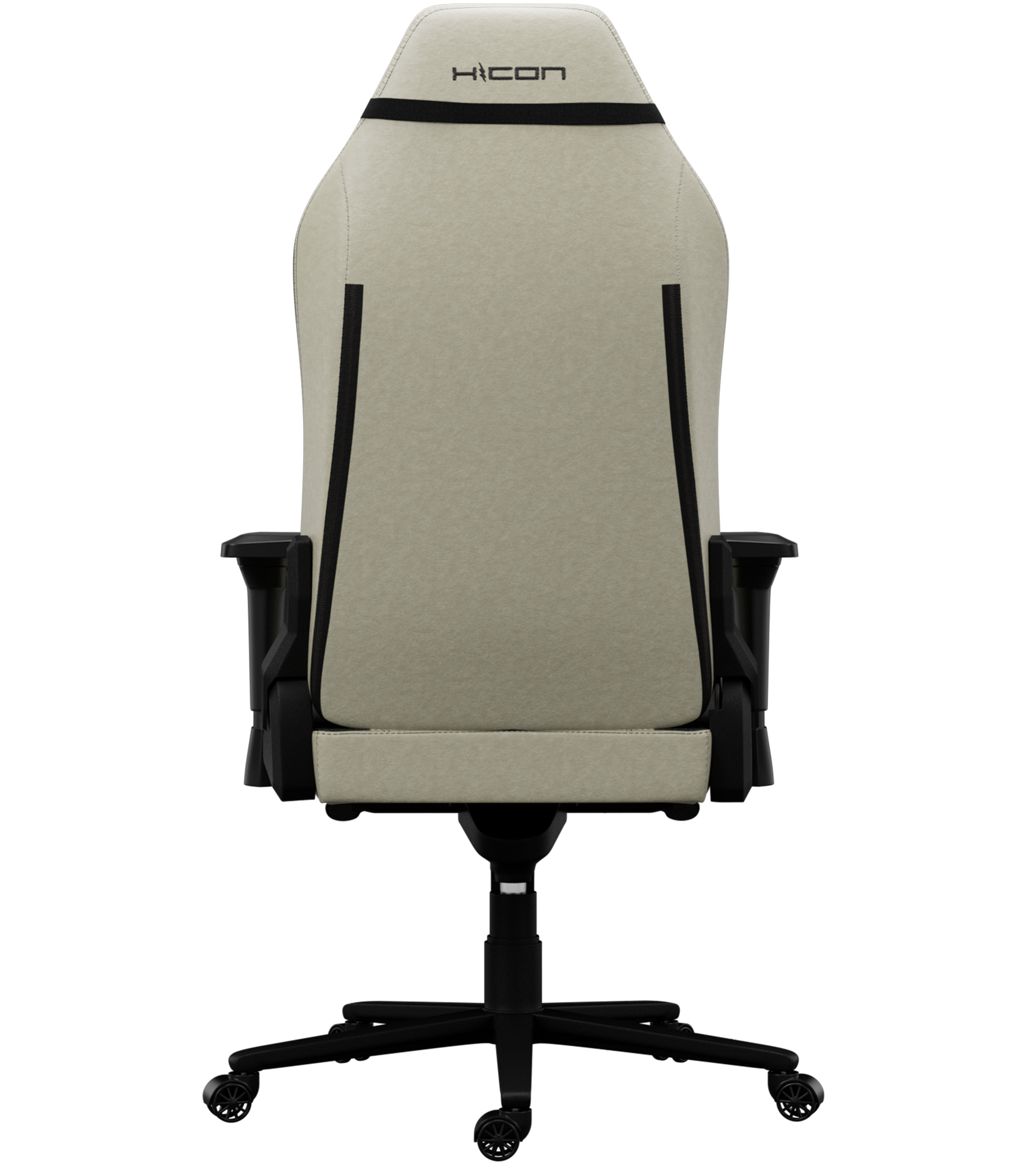 Chaise de jeu vue de dos. Siège beige avec des accents noirs et une base noire avec des roues. La marque 'hicon' est visible.