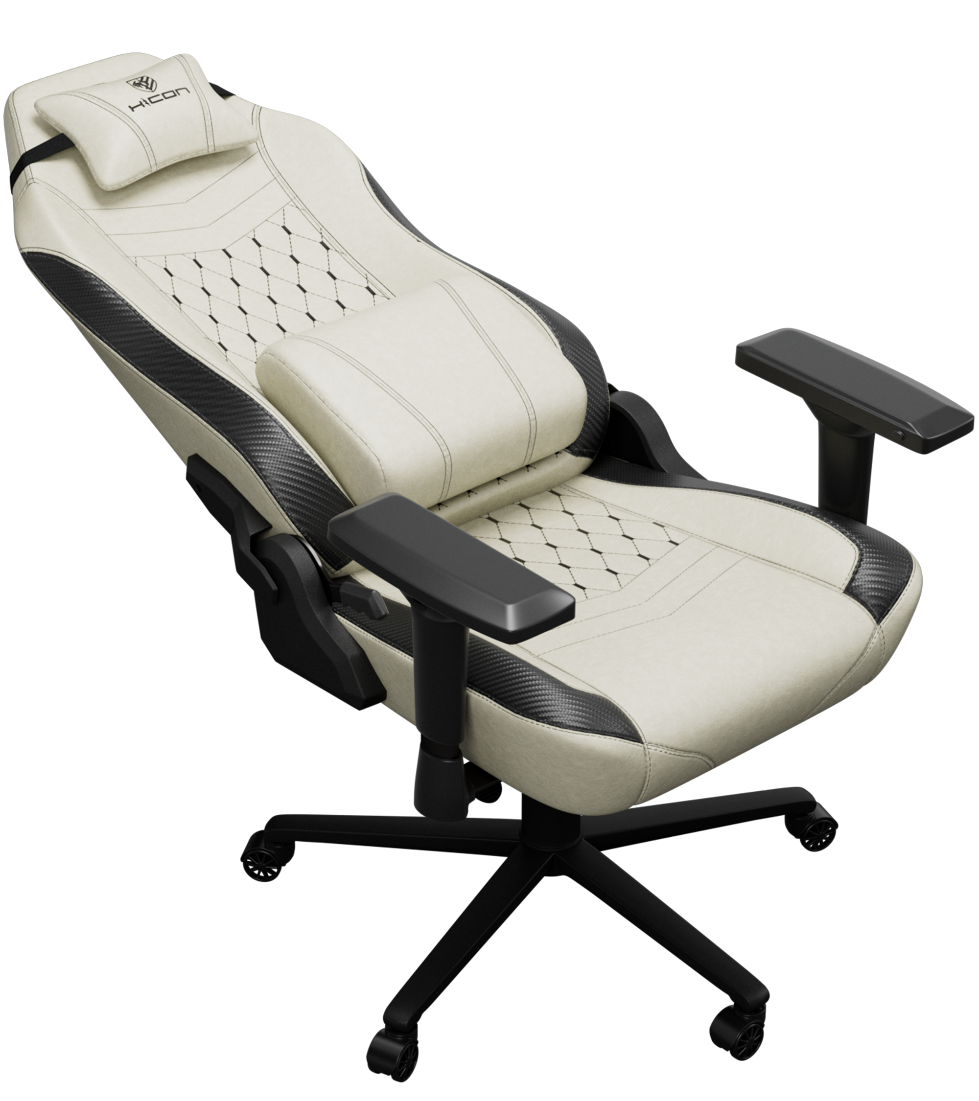 Un fauteuil de jeu crème avec des accents noirs. Il possède un appui-tête, un soutien lombaire, des accoudoirs et une base à cinq étoiles avec roues.