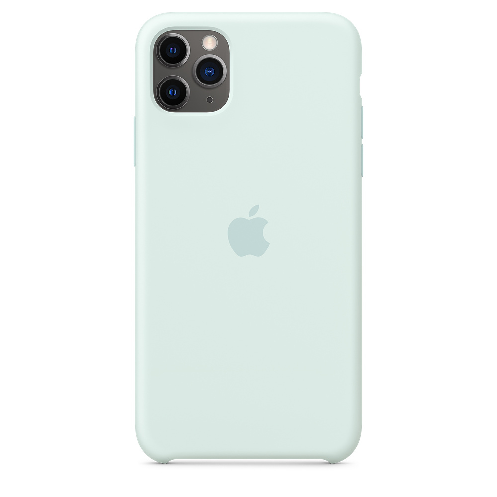 Een mintgroene iPhone 11 Pro met een Apple-logo op de achterkant. De telefoon zit in een mintgroene hoes. Drievoudige camera-opstelling.