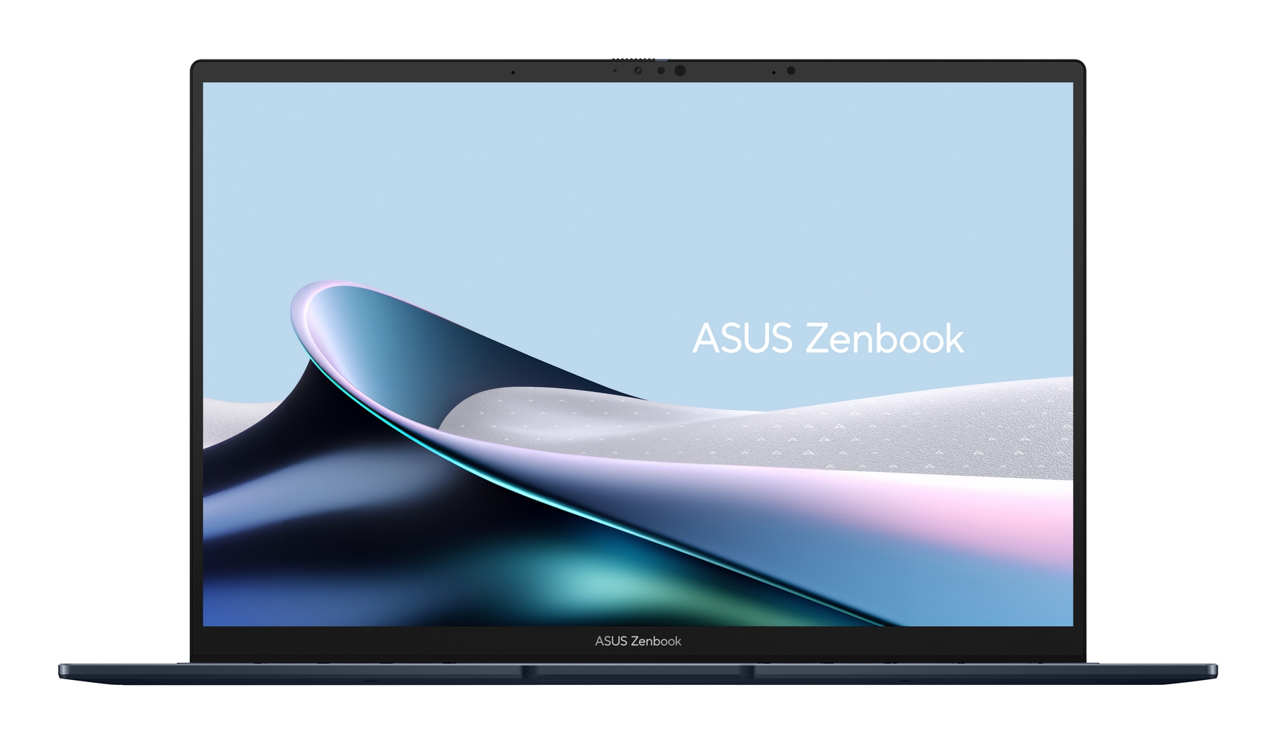 Un laptop ASUS Zenbook è aperto. Lo schermo mostra un design astratto blu e bianco. Il laptop è blu scuro.