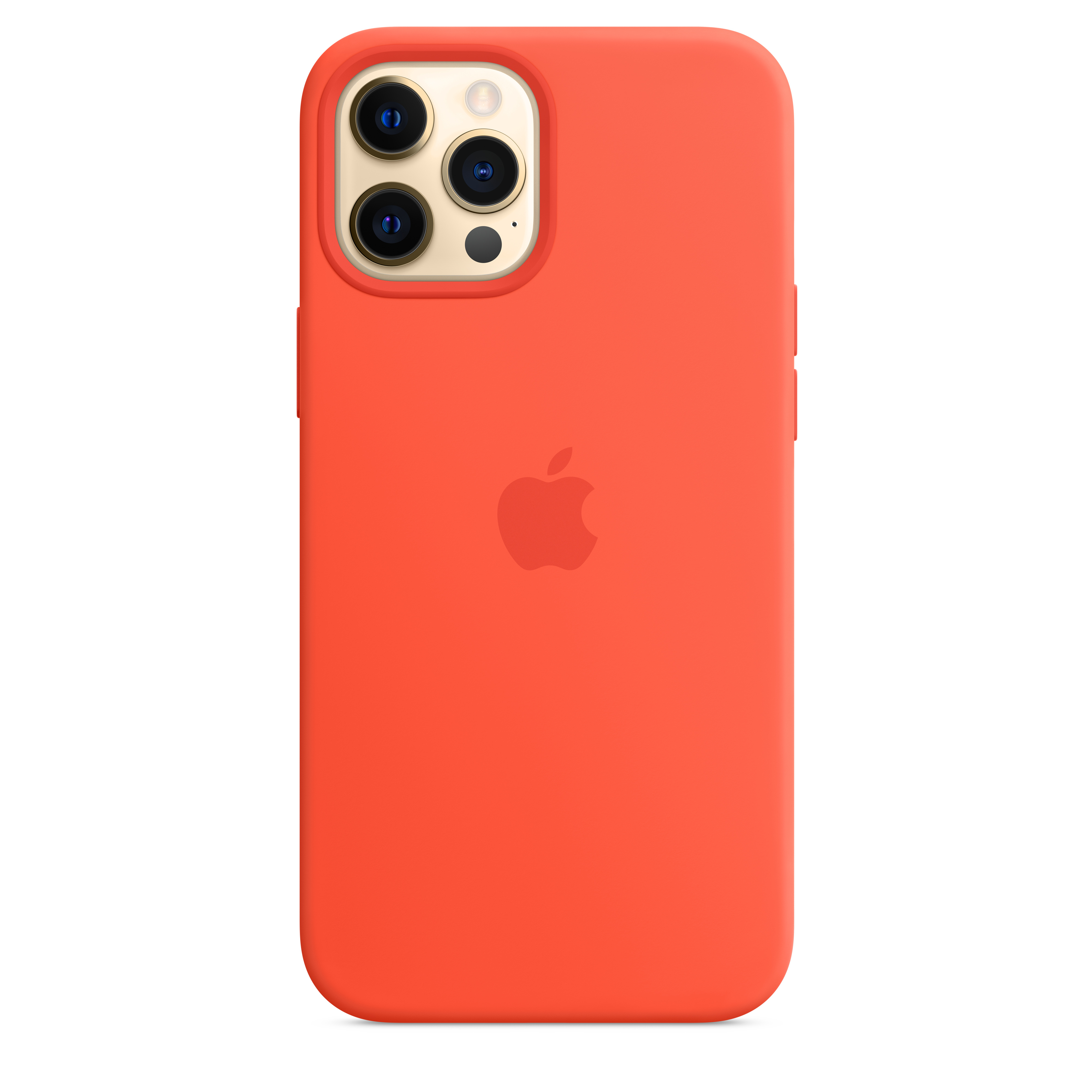 Een oranje telefoonhoesje met een Apple-logo. Het heeft een camerabult met drie lenzen en een flitser.