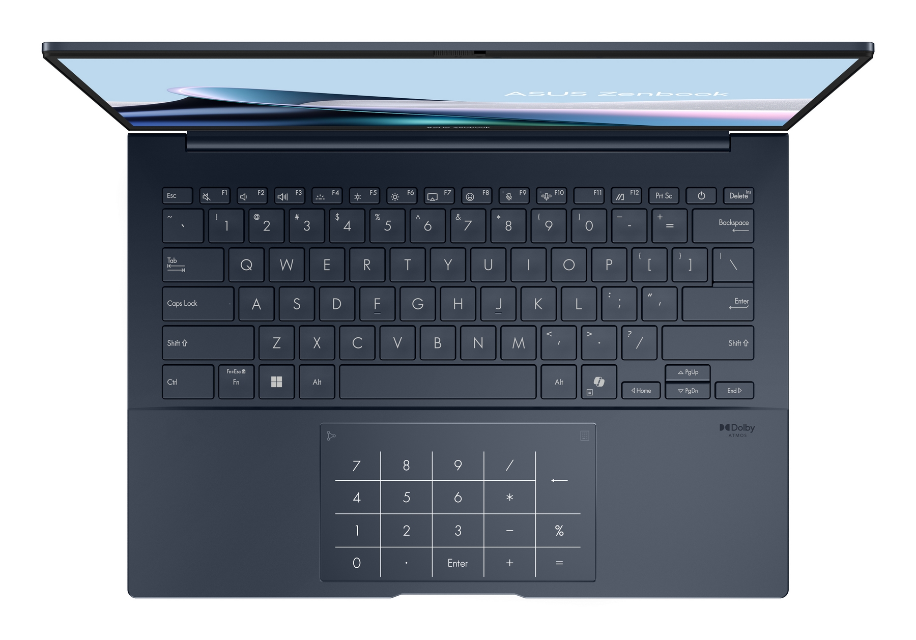 Un laptop blu scuro, vista dall'alto, aperto. Tastiera e touchpad visibili. Lo schermo mostra il logo ASUS Zenbook.