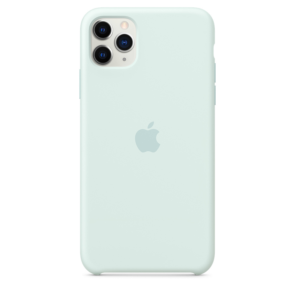 Een mintgroene iPhone 11 Pro, met een siliconen hoesje, Apple-logo. Drievoudige lens camera zichtbaar. Witte achtergrond.