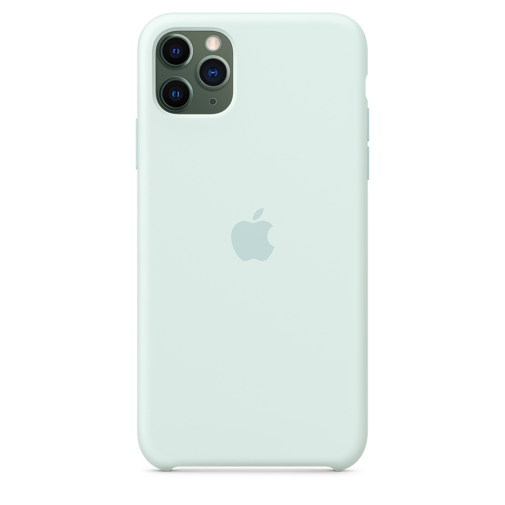 Een mintgroene iPhone 11 Pro met zichtbare cameralenzen. Een Apple-logo staat in het midden van de achterkant.