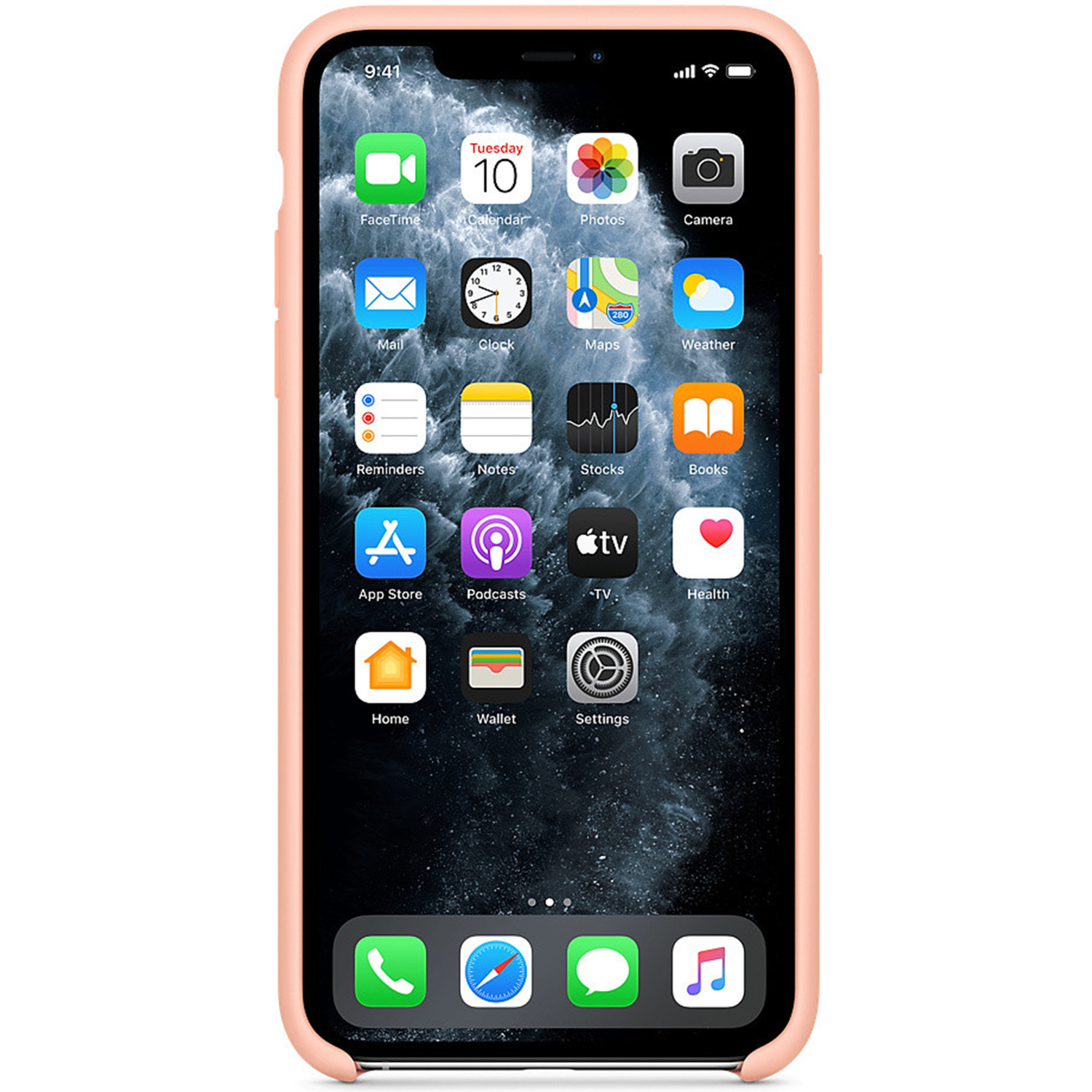 Een iPhone toont het startscherm met app-iconen. De telefoon zit in een roze hoesje. De tijd is 9:41. Agenda toont dinsdag 10.