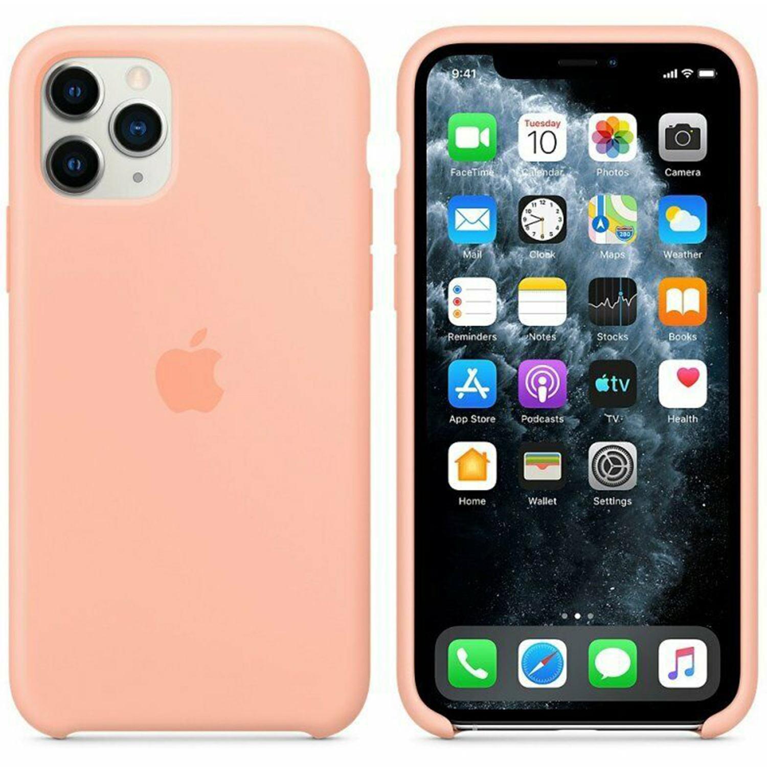 Un iPhone 11 Pro dans un étui pêche. L'écran affiche des icônes d'applications. Le téléphone est à côté de son étui. Le logo Apple est visible.