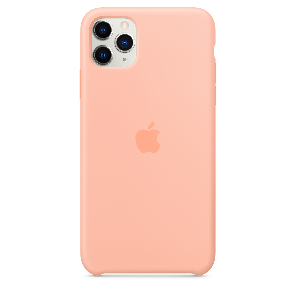 Perzikroze iPhone 11 Pro met drie cameralenzen, een flitser en een Apple-logo. De hoes is glad en mat.