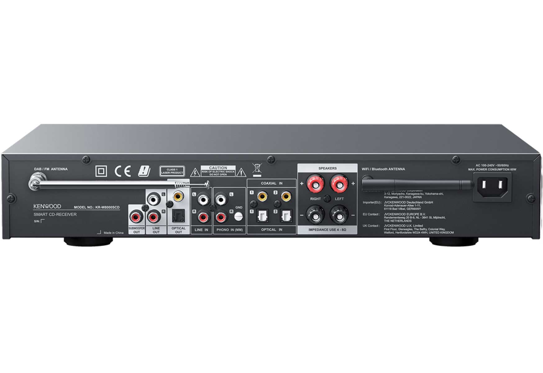 Rear panel of a Kenwood smart CD receiver, featuring various input/output ports, antenna, and power connections.