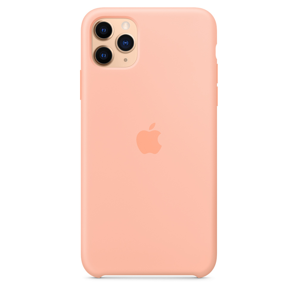 Een perzikkleurige iPhone 11 Pro met Apple-logo. De telefoon heeft een drievoudige cameralens en zit in een beschermhoesje.