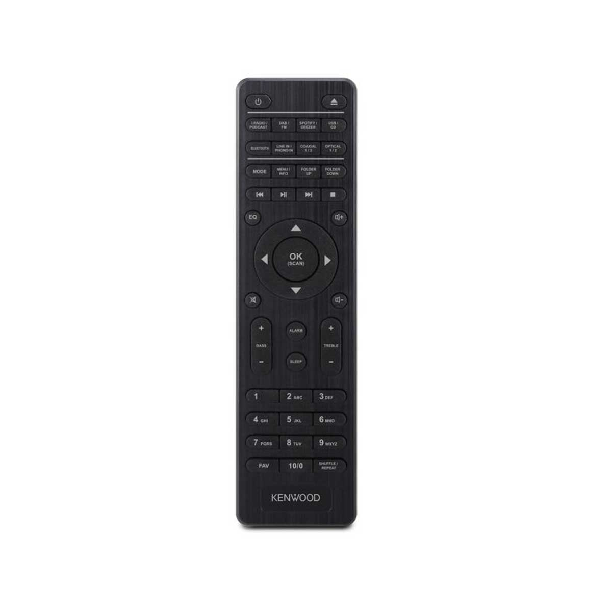 A black Kenwood remote control with buttons for various functions like power, volume, and channel selection.