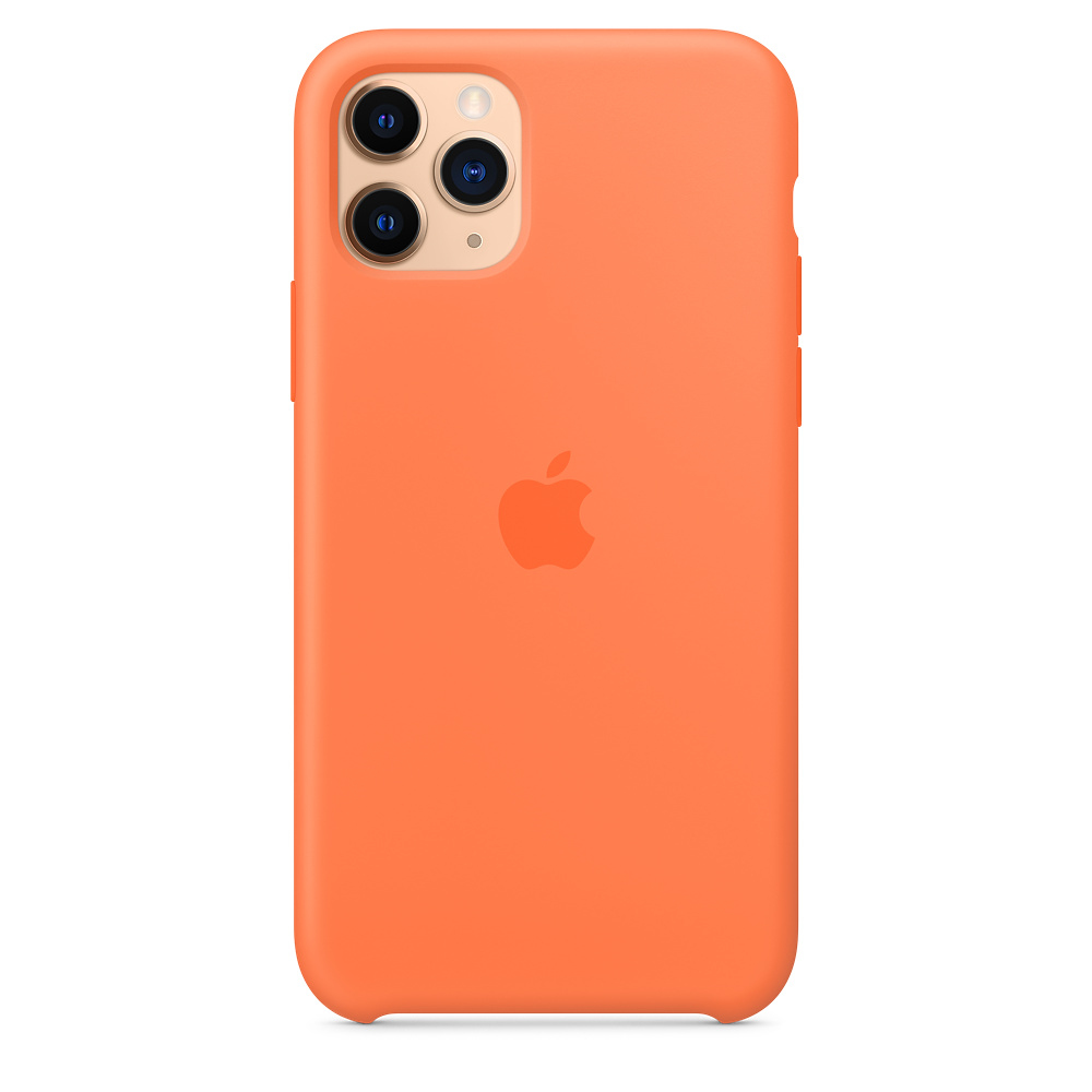 Un iPhone 11 Pro orange avec trois caméras, un logo Apple et des boutons de volume sur le côté. Le fond est blanc.