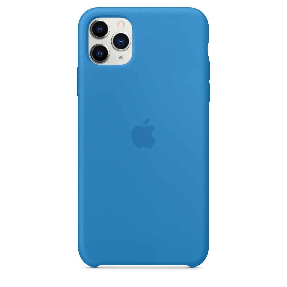 Een blauwe iPhone 11 Pro met een siliconen hoesje. De achterkant toont het Apple-logo en een drievoudige camera.