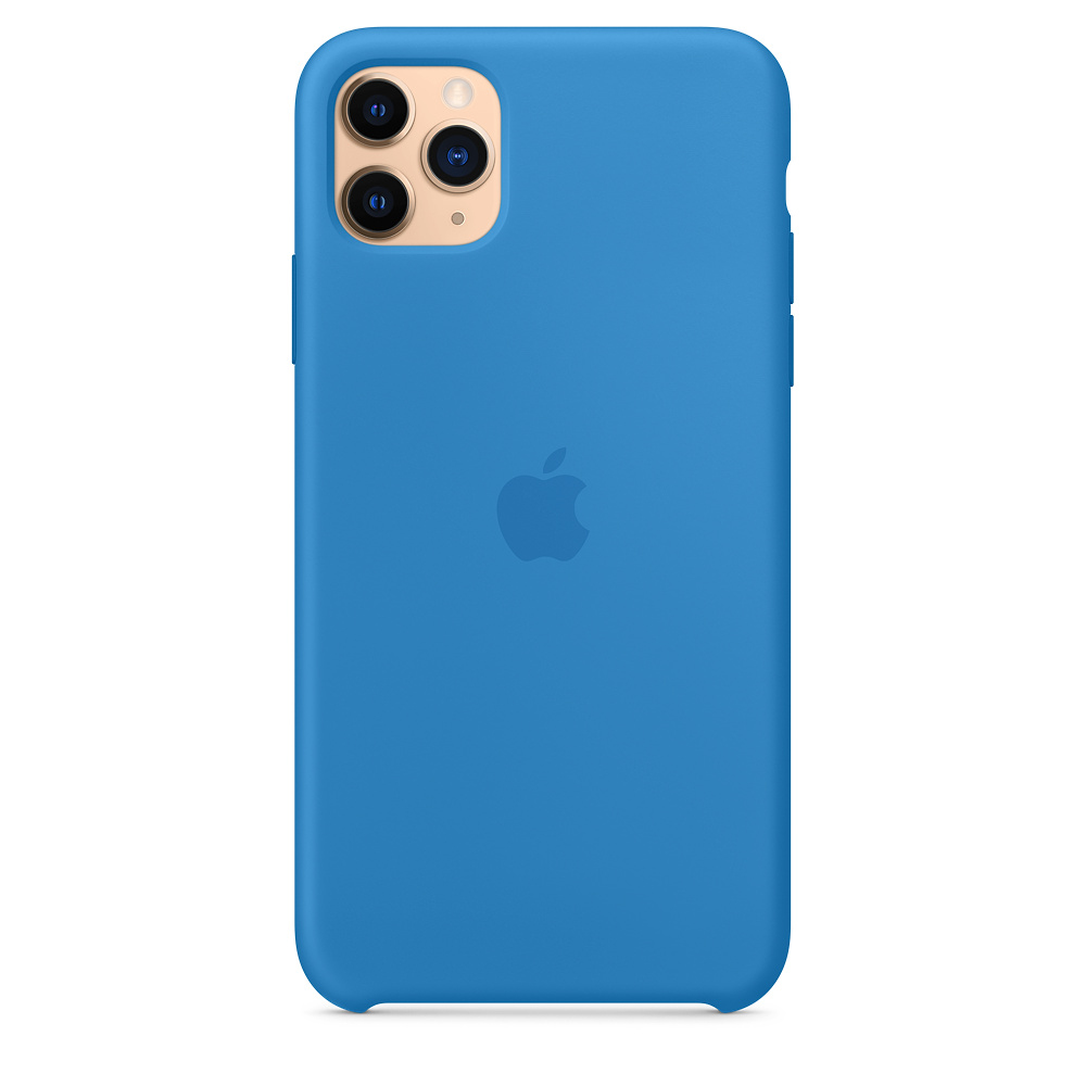 Een blauwe iPhone 11 Pro met een blauwe siliconen hoes. Het Apple-logo is zichtbaar. De cameralenzen staan linksboven.