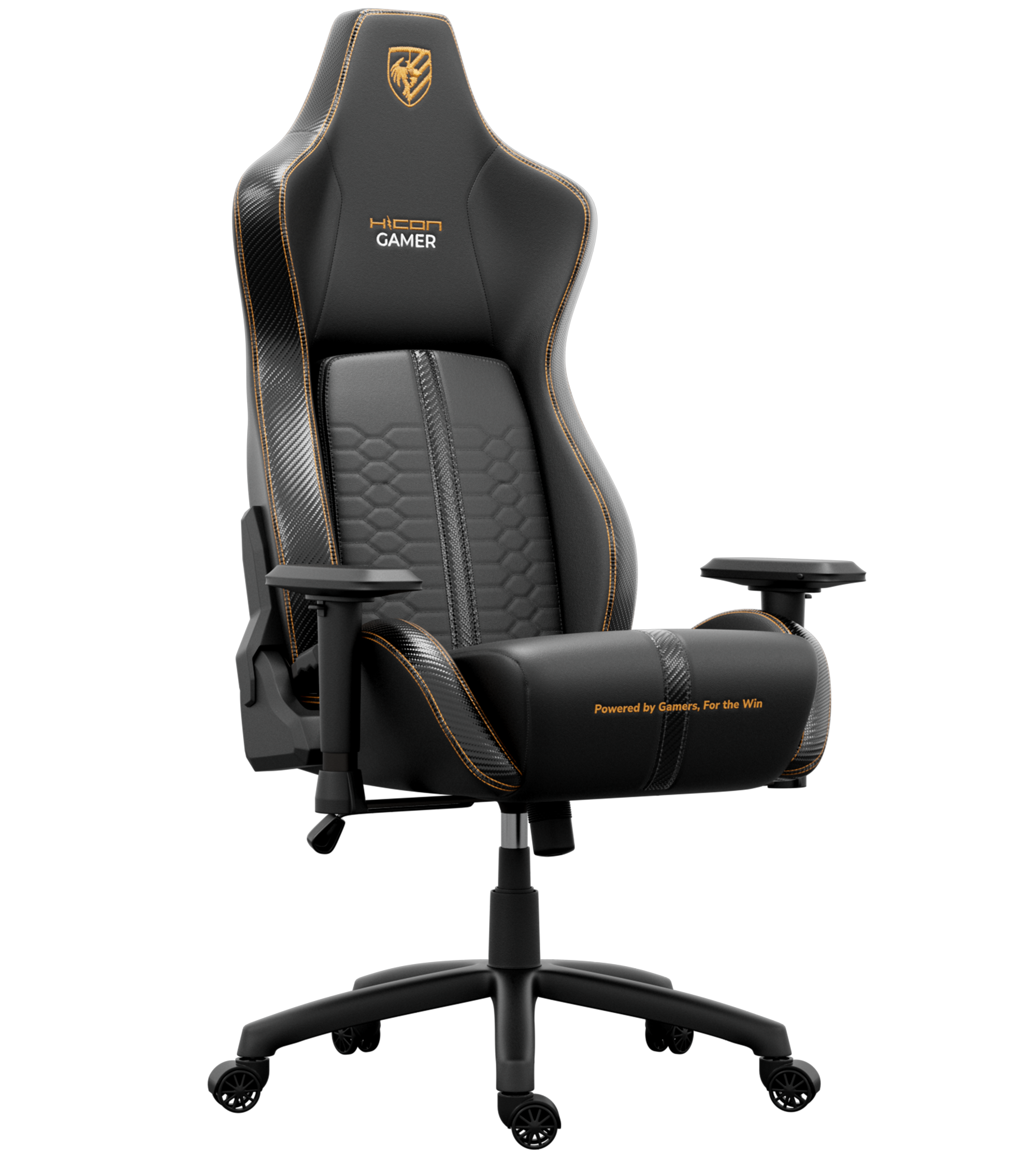 Chaise de jeu noire avec surpiqûres dorées. Elle porte un logo et les mots 'hicon gamer'. Elle est sur fond noir.