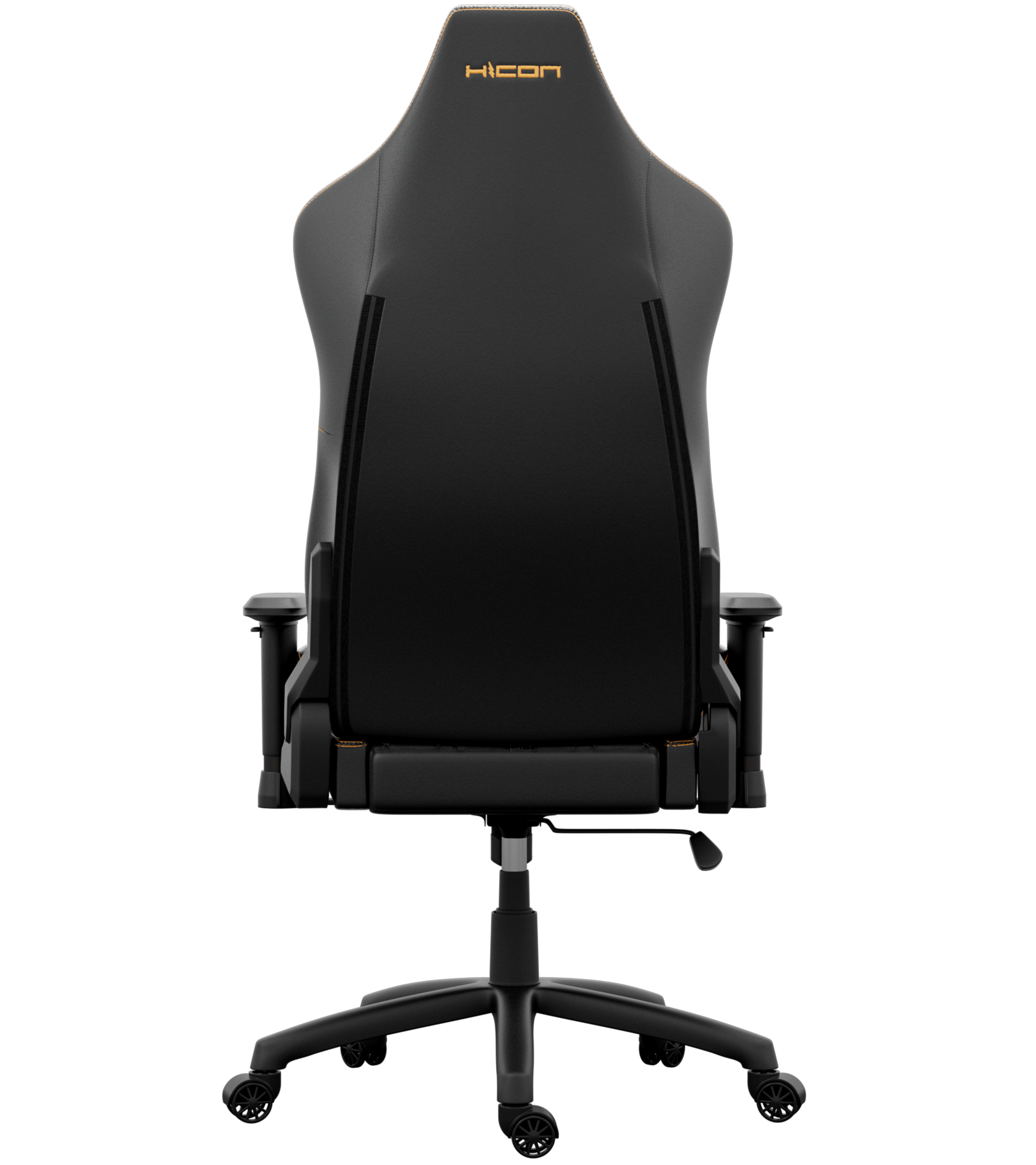 Chaise de jeu noire avec des accents dorés et un logo. Elle a un dossier haut, des accoudoirs et une base à cinq roues.