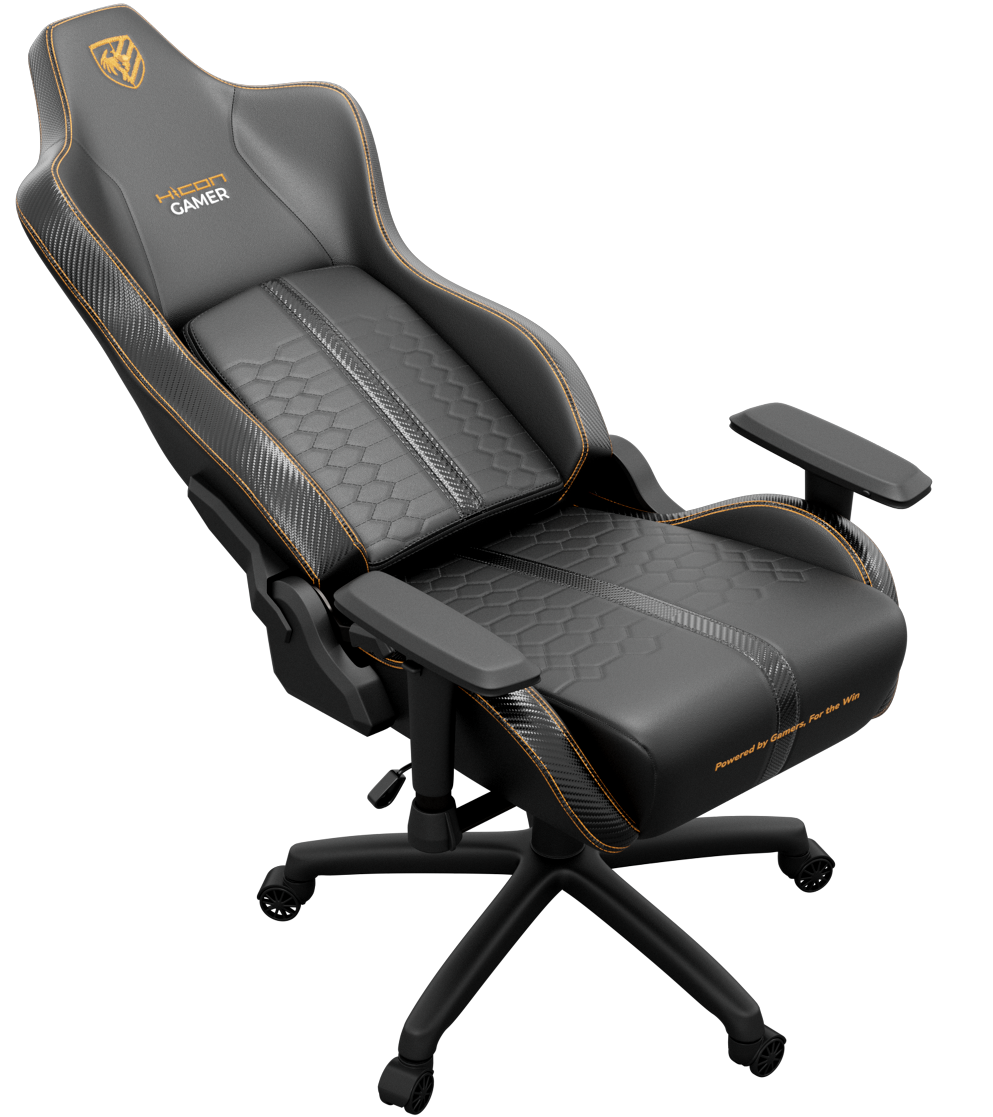 Un fauteuil de jeu noir avec des coutures orange. Il porte un logo sur l'appuie-tête et l'inscription "HICON GAMER".