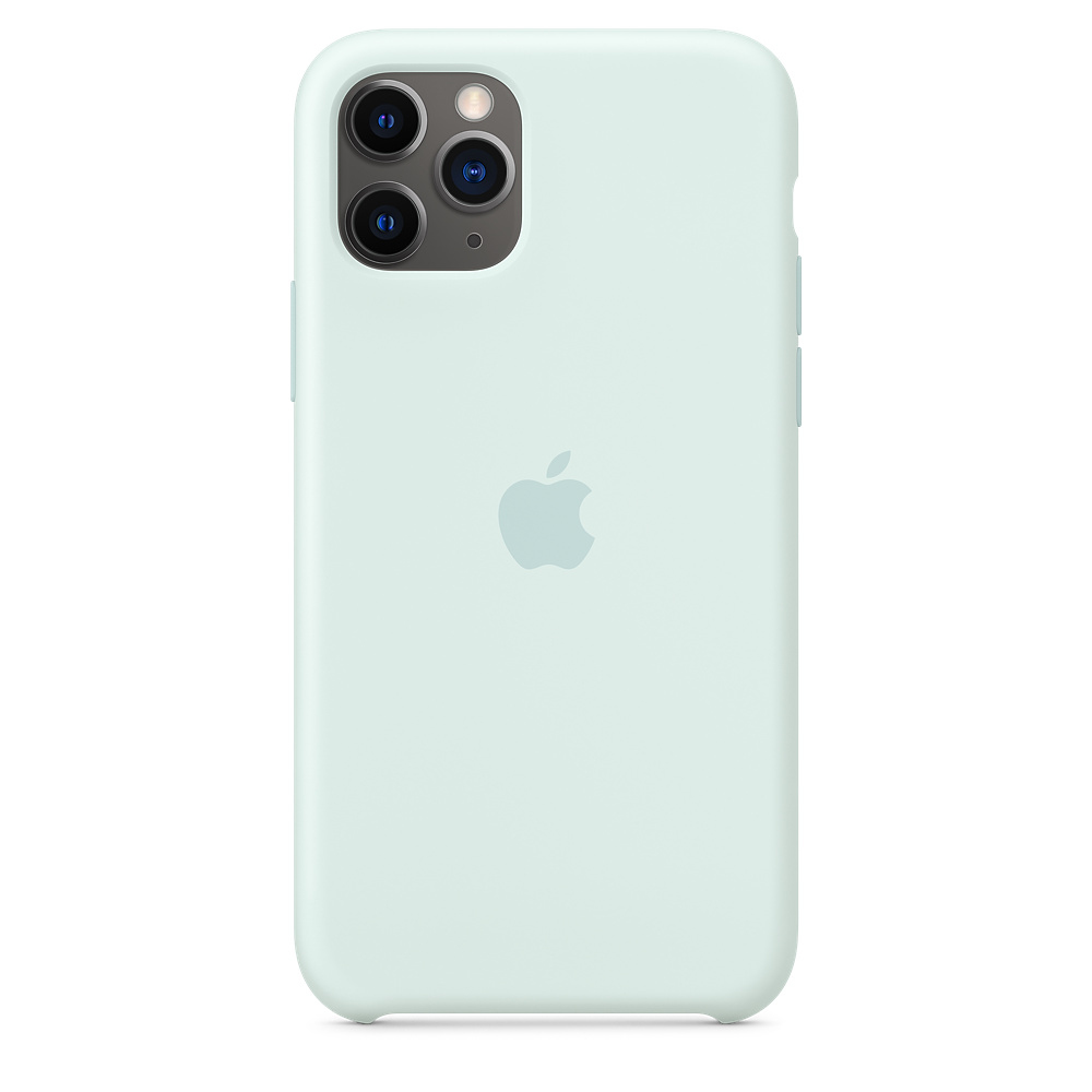 Un iPhone 11 Pro vert menthe avec un étui assorti. Le téléphone a trois objectifs et un logo Apple au dos.