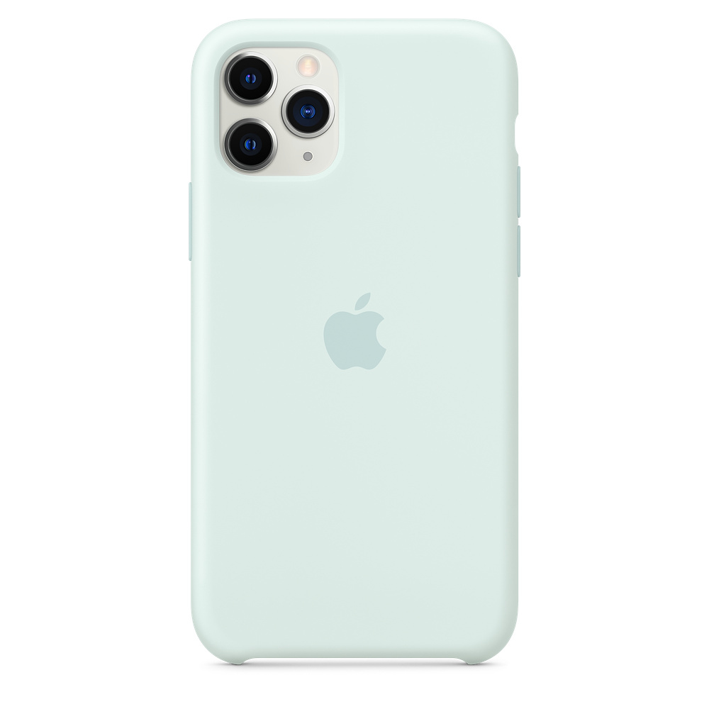 Un iPhone 11 Pro vert menthe avec un étui en silicone assorti. Le logo Apple est visible. Les objectifs de la caméra sont en haut.