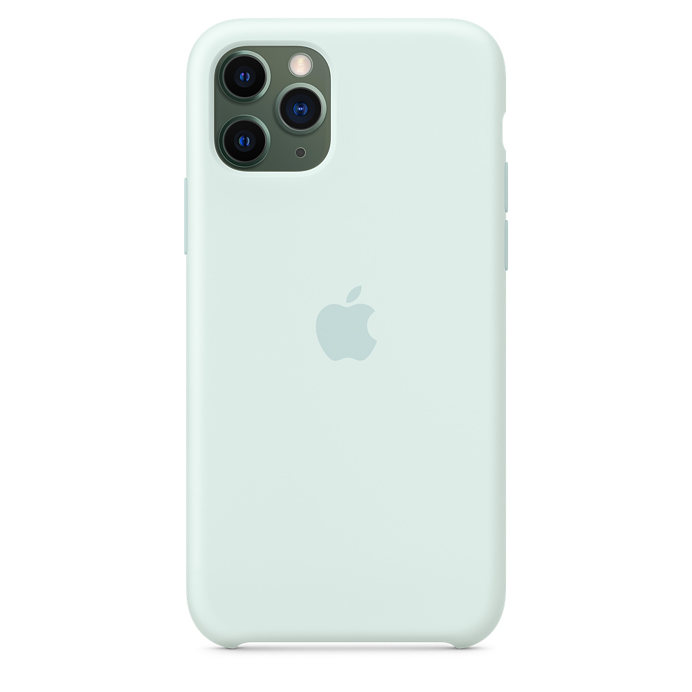 Un iPhone 11 Pro vert menthe avec un étui assorti. L'arrière montre le logo Apple et les lentilles de l'appareil photo.