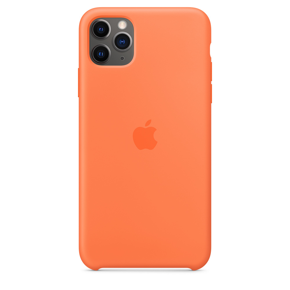 Een oranje iPhone 11 Pro met zichtbare cameralenzen. Het Apple-logo staat in het midden. De achtergrond is wit.