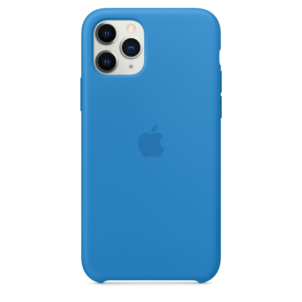 Een blauwe iPhone 11 Pro met een Apple-logo op de achterkant. Het heeft een drievoudige cameralens en een flitser.