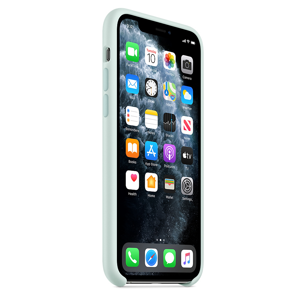 Un iPhone dans un étui bleu clair affiche son écran d'accueil avec des icônes d'applications. L'heure est 9h41. L'écran est contre un fond blanc.
