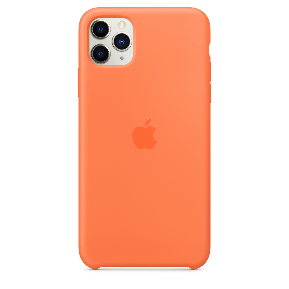 Een oranje iPhone 11 Pro met een Apple-logo op de achterkant. Het heeft drie camera's en een flitser linksboven.