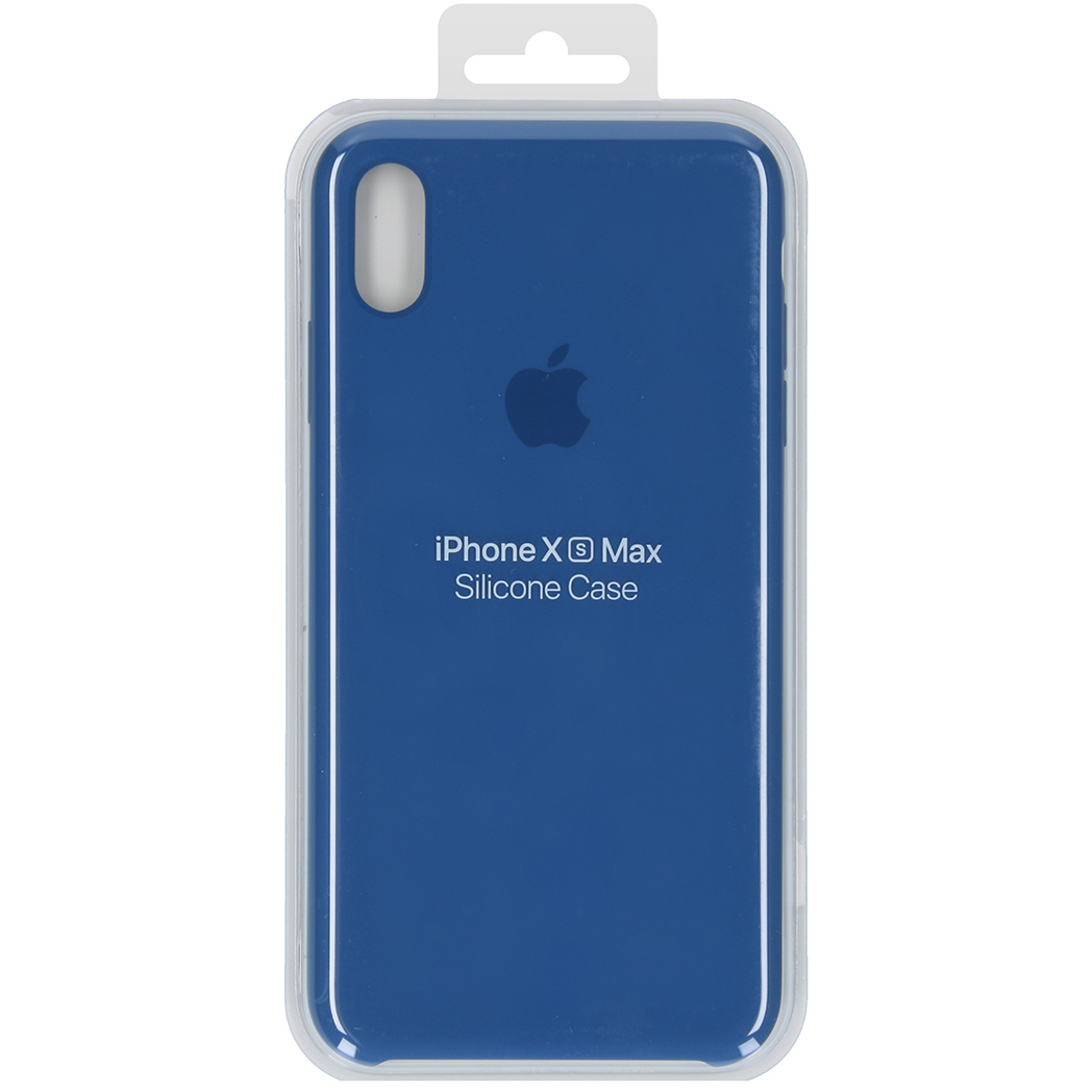 Een blauwe iPhone X Max siliconen hoes in een doorzichtige plastic verpakking. Het Apple-logo en de tekst zijn zichtbaar.