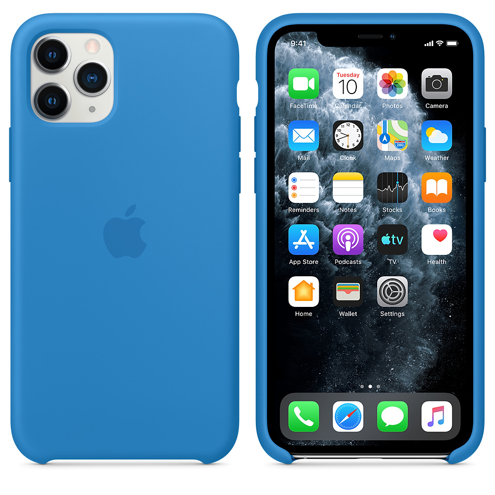 Blauwe iPhone 11 Pro met iOS-startscherm. De telefoon zit in een blauwe hoes. Het scherm toont app-iconen.