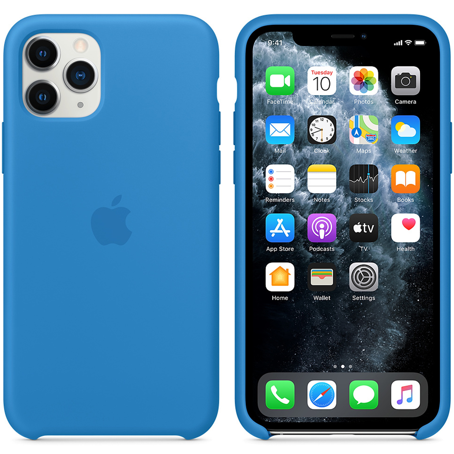 Blauwe iPhone 11 Pro met iOS-startscherm. Apps zijn FaceTime, Agenda, Camera, Mail, Klok, Kaarten en meer.