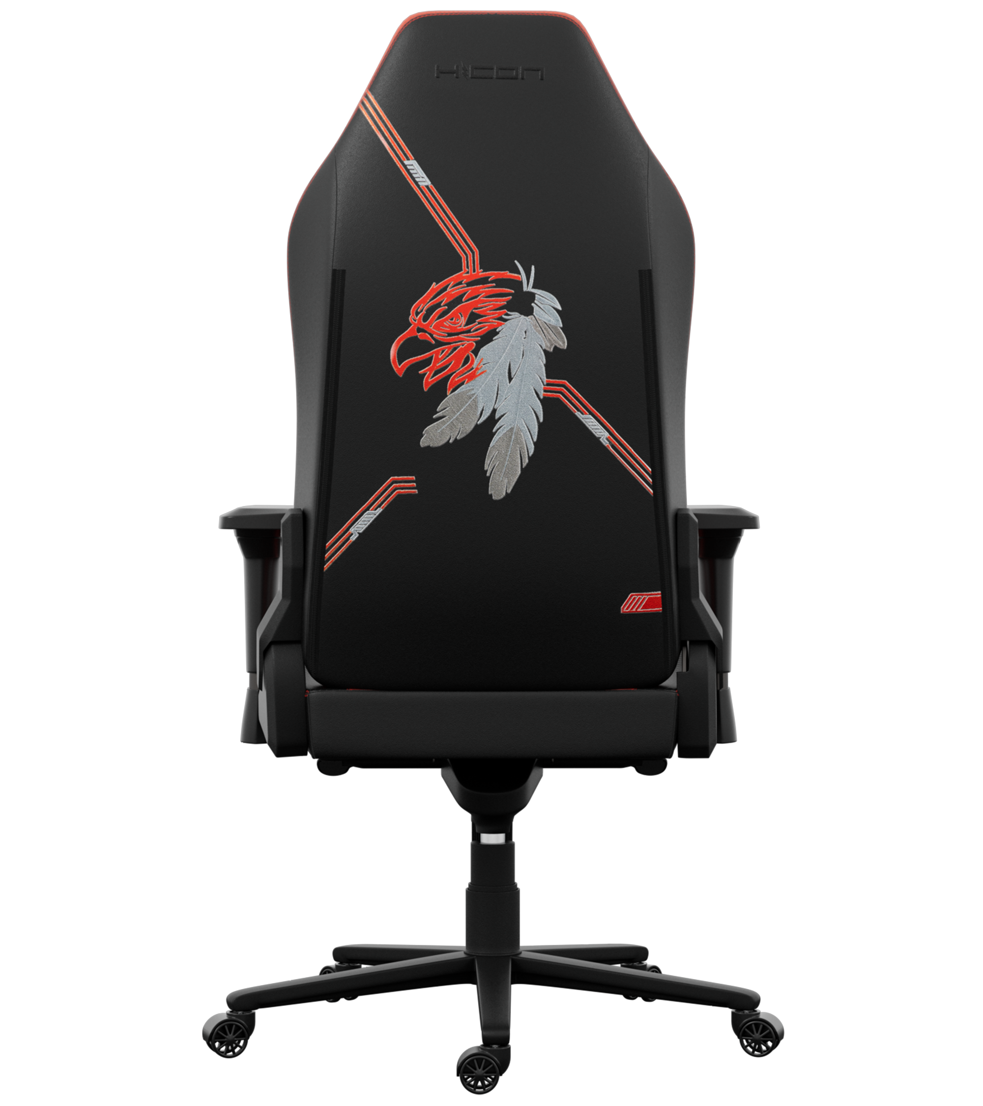 Chaise gaming noire avec motif aigle rouge et argenté sur le dossier. Roues à la base. Logo 'HICON' en haut.