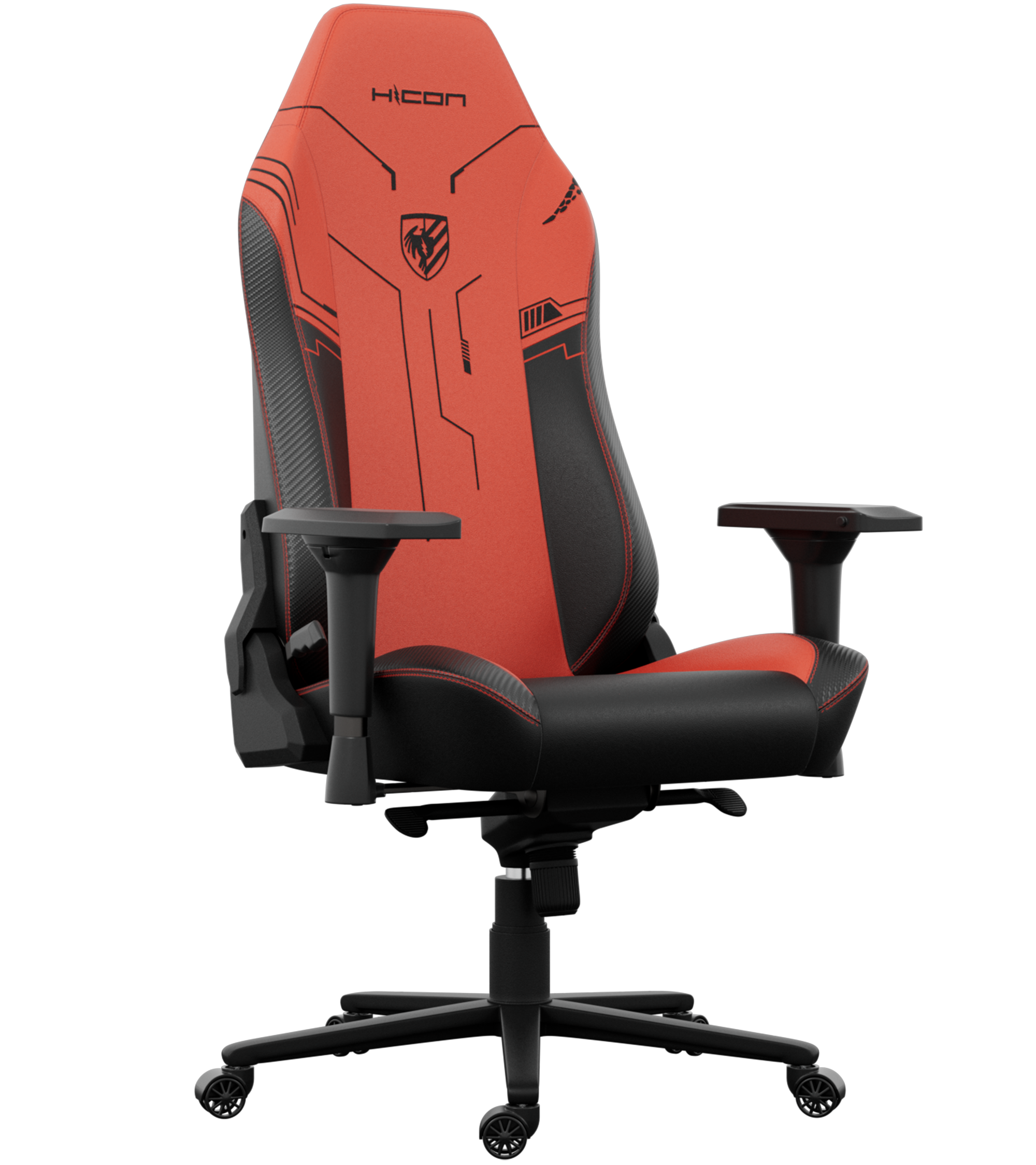 Chaise gaming. Dossier rouge avec détails noirs et logo. Assise et accoudoirs noirs. Base noire avec roues sur fond noir.