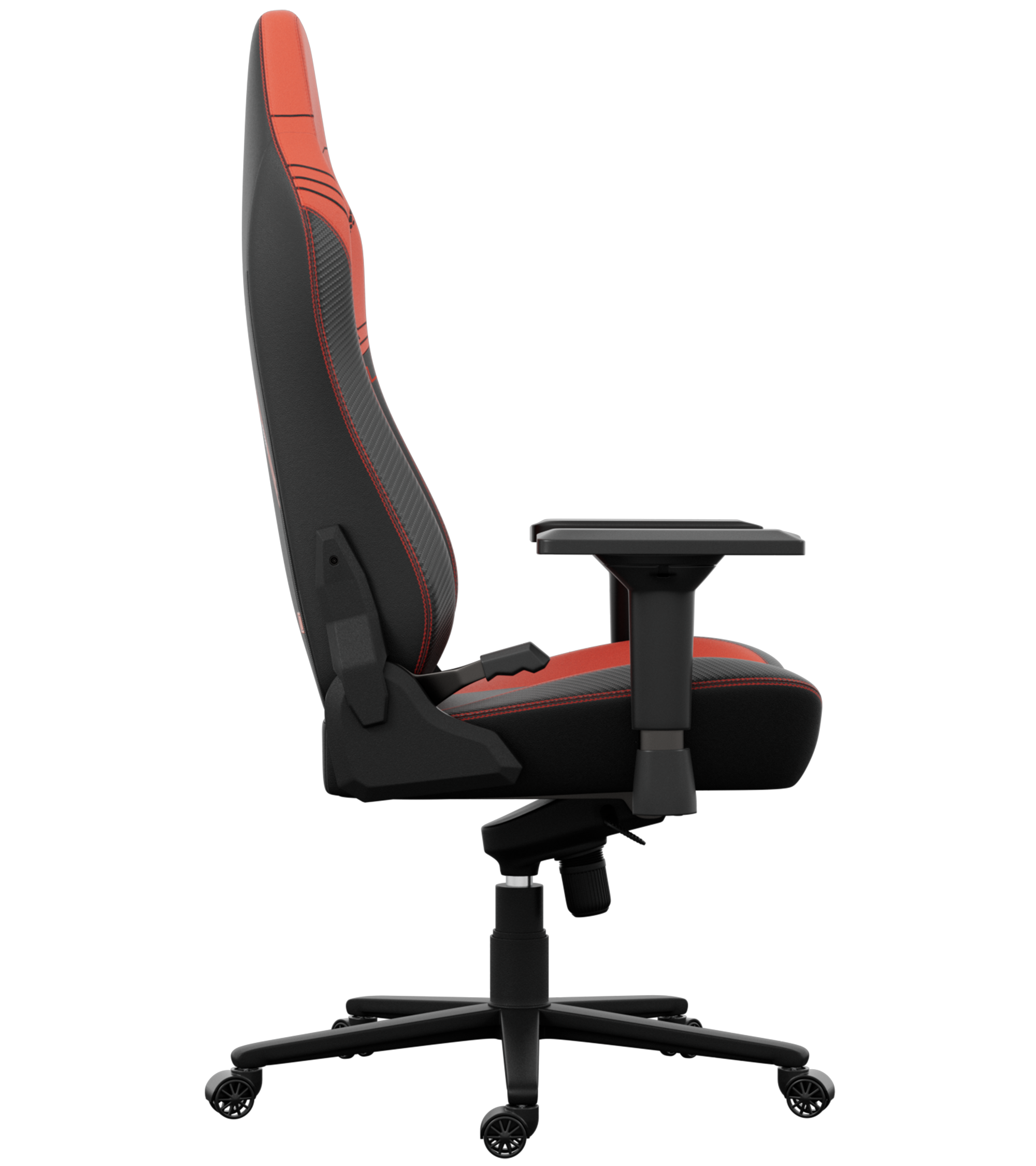 Une chaise gaming noire avec des accents rouges. Dispose d'un dossier haut, d'accoudoirs et d'une base à cinq roues.