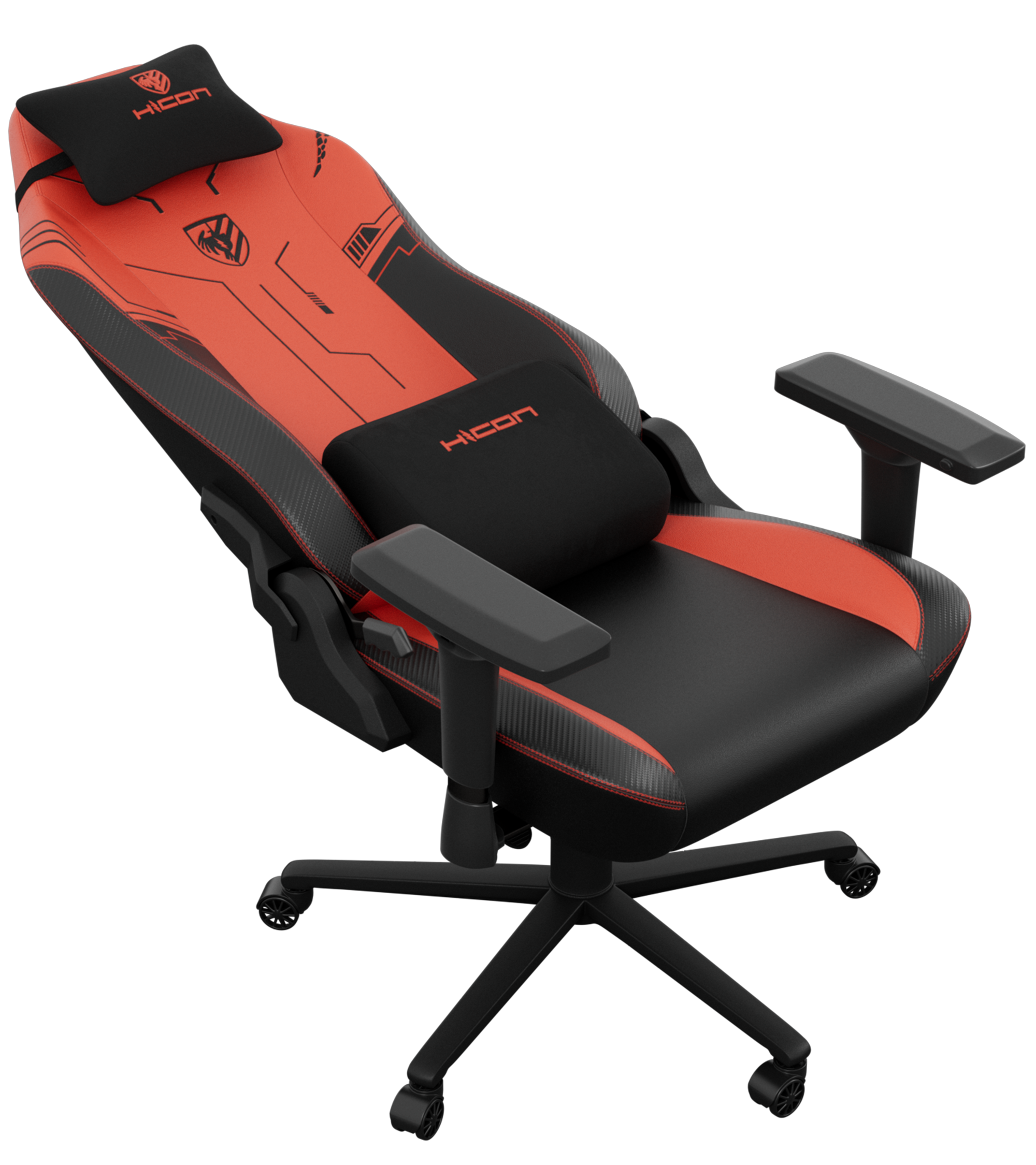 Chaise de jeu avec design rouge et noir. Dispose d'un appui-tête, d'un support lombaire, d'accoudoirs et d'une base à cinq étoiles avec roulettes.