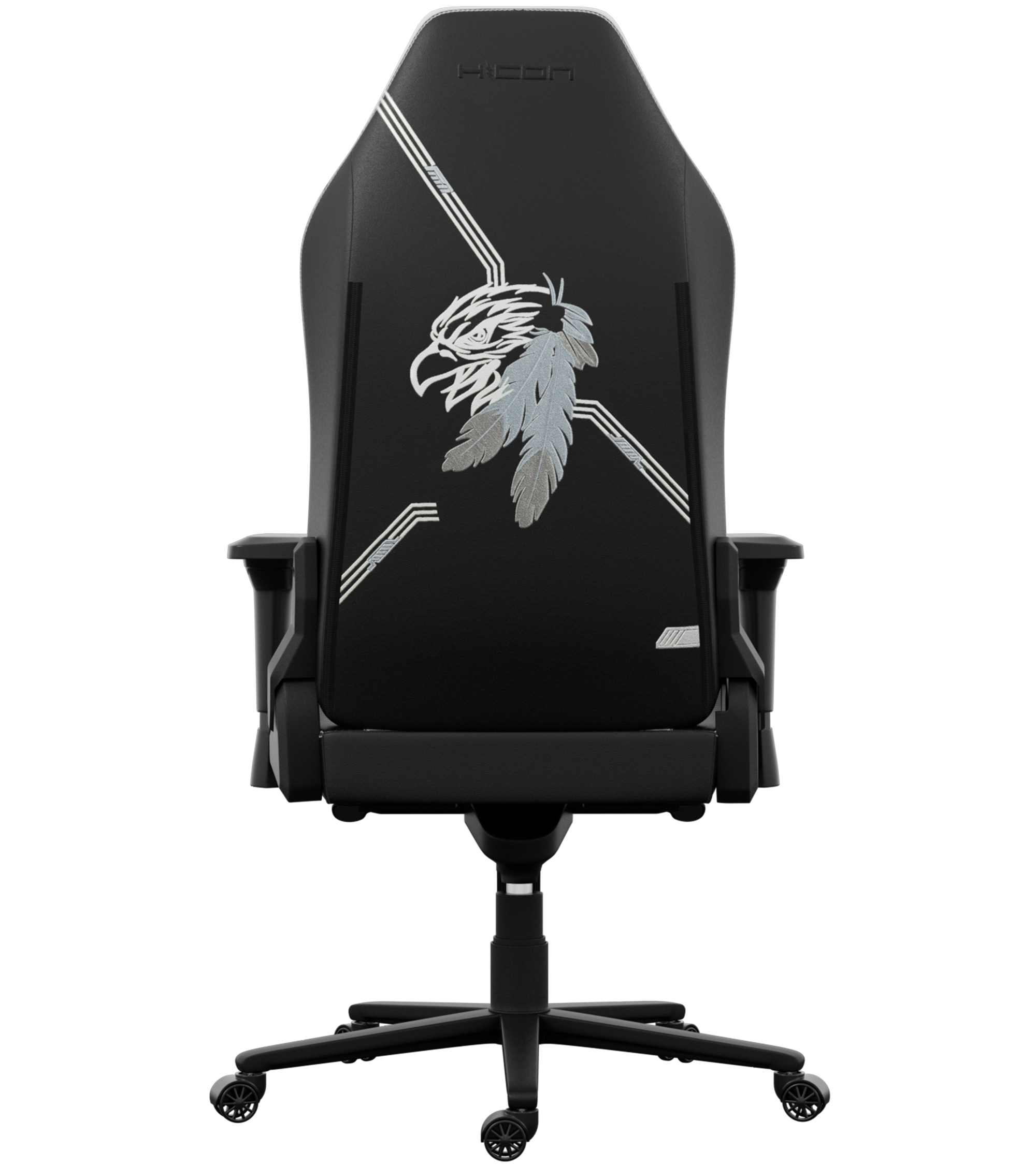 Chaise de jeu noire avec un aigle et des plumes sur le dossier. Elle a des accoudoirs et une base à cinq étoiles avec roues.