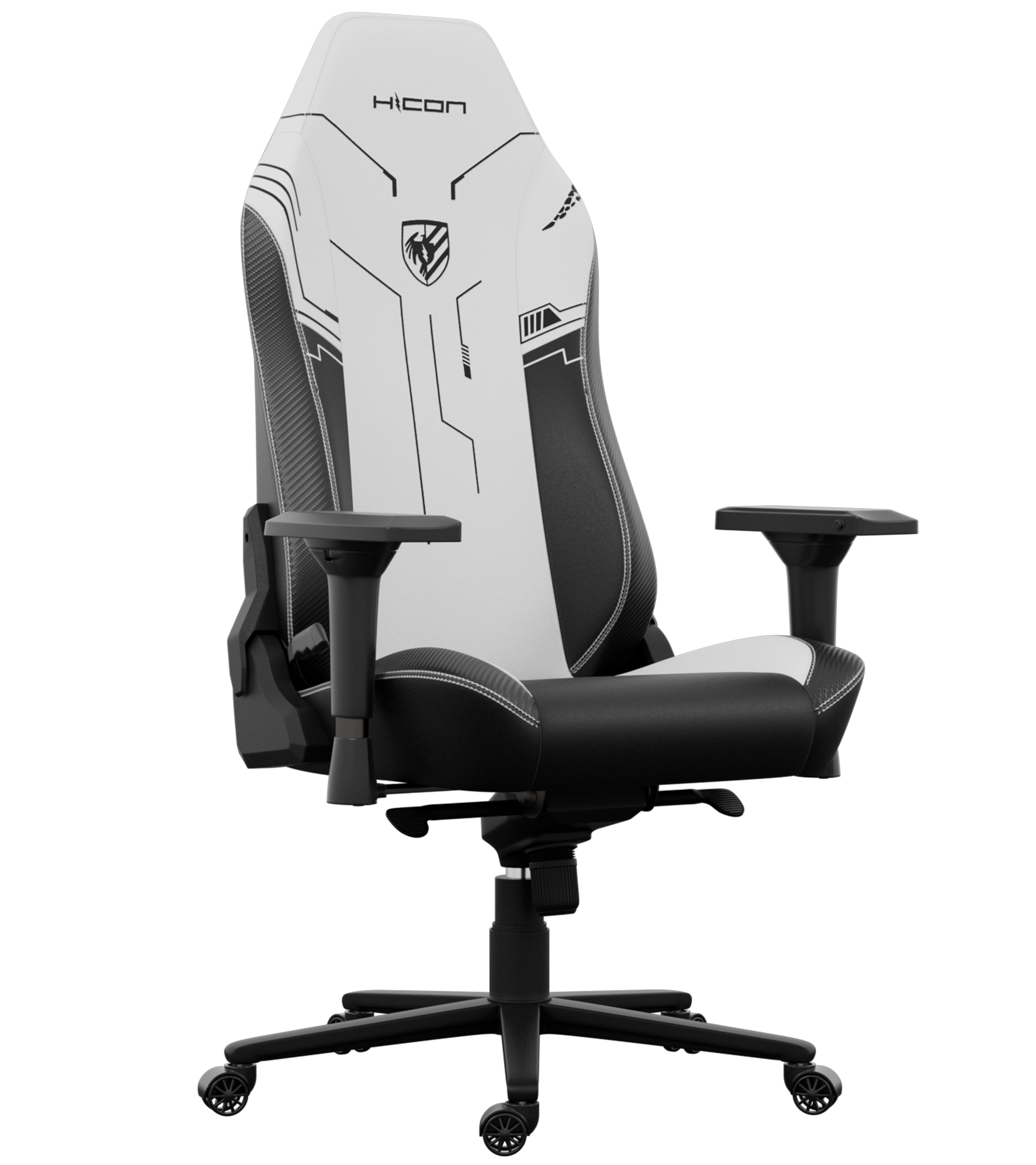 Chaise de jeu avec design blanc et noir. Logo Hicon, accoudoirs noirs et base à cinq étoiles.