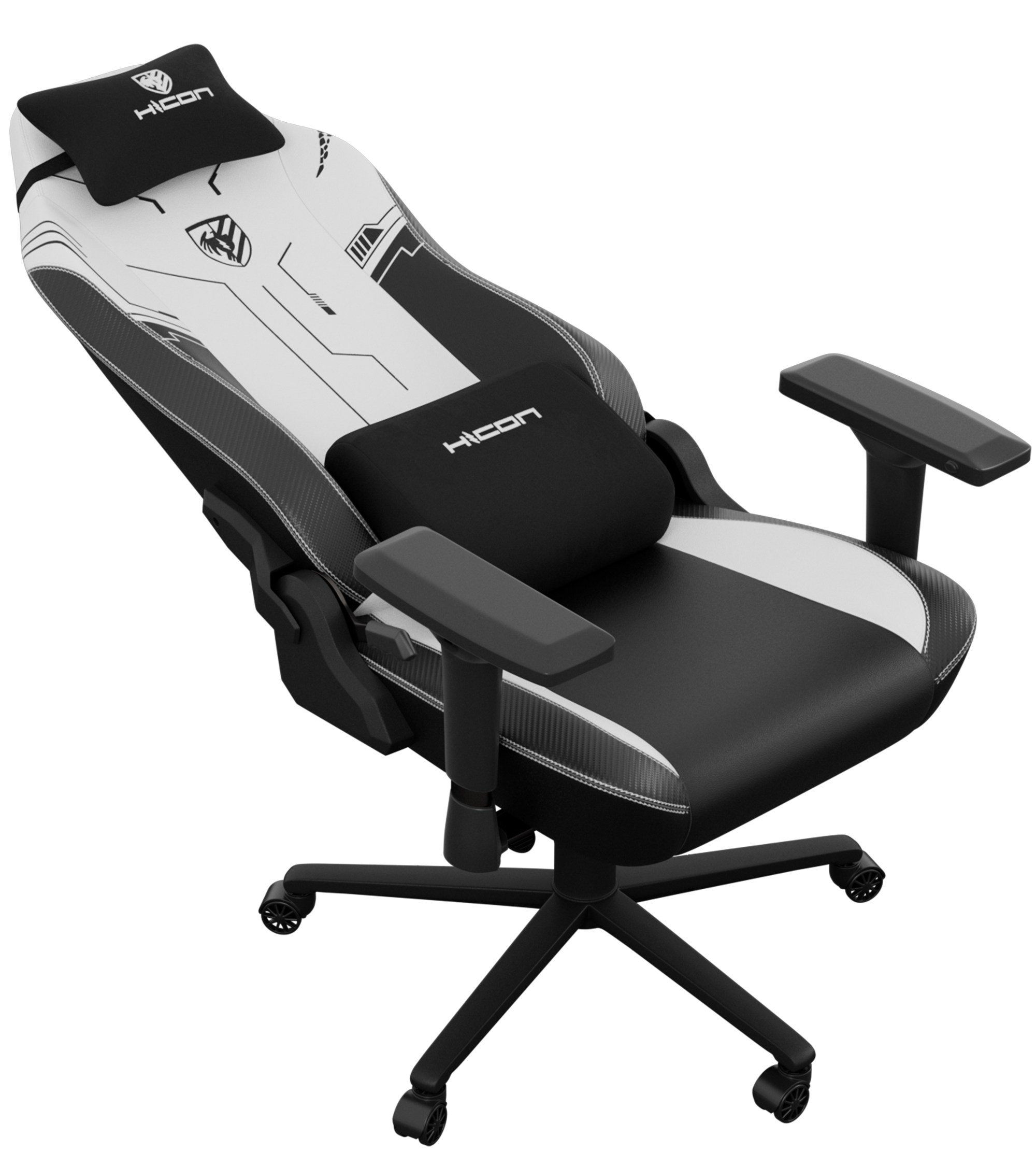 Chaise de jeu avec un design noir et blanc. Elle possède des accoudoirs, un appui-tête et un soutien lombaire. La chaise est sur roulettes.