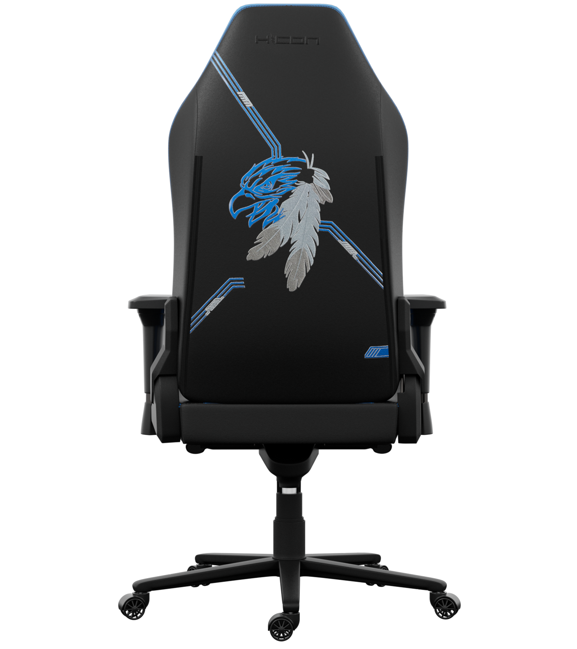 Chaise de jeu noire avec un motif d'aigle et de plumes bleues et argentées sur le dossier. Elle a des roues.
